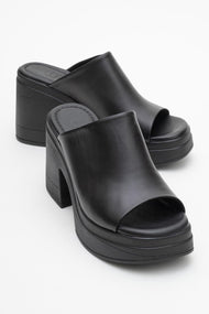 Nola - Black Leather Heeled Mules