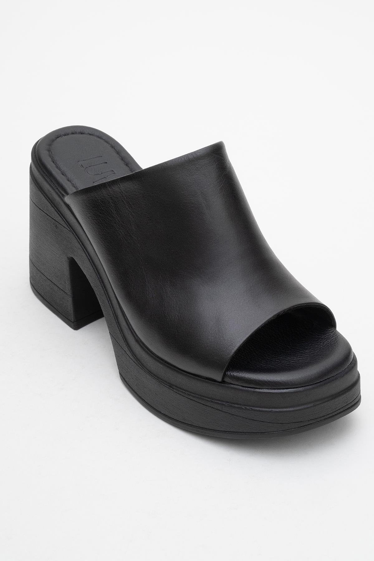 Nola - Black Leather Heeled Mules