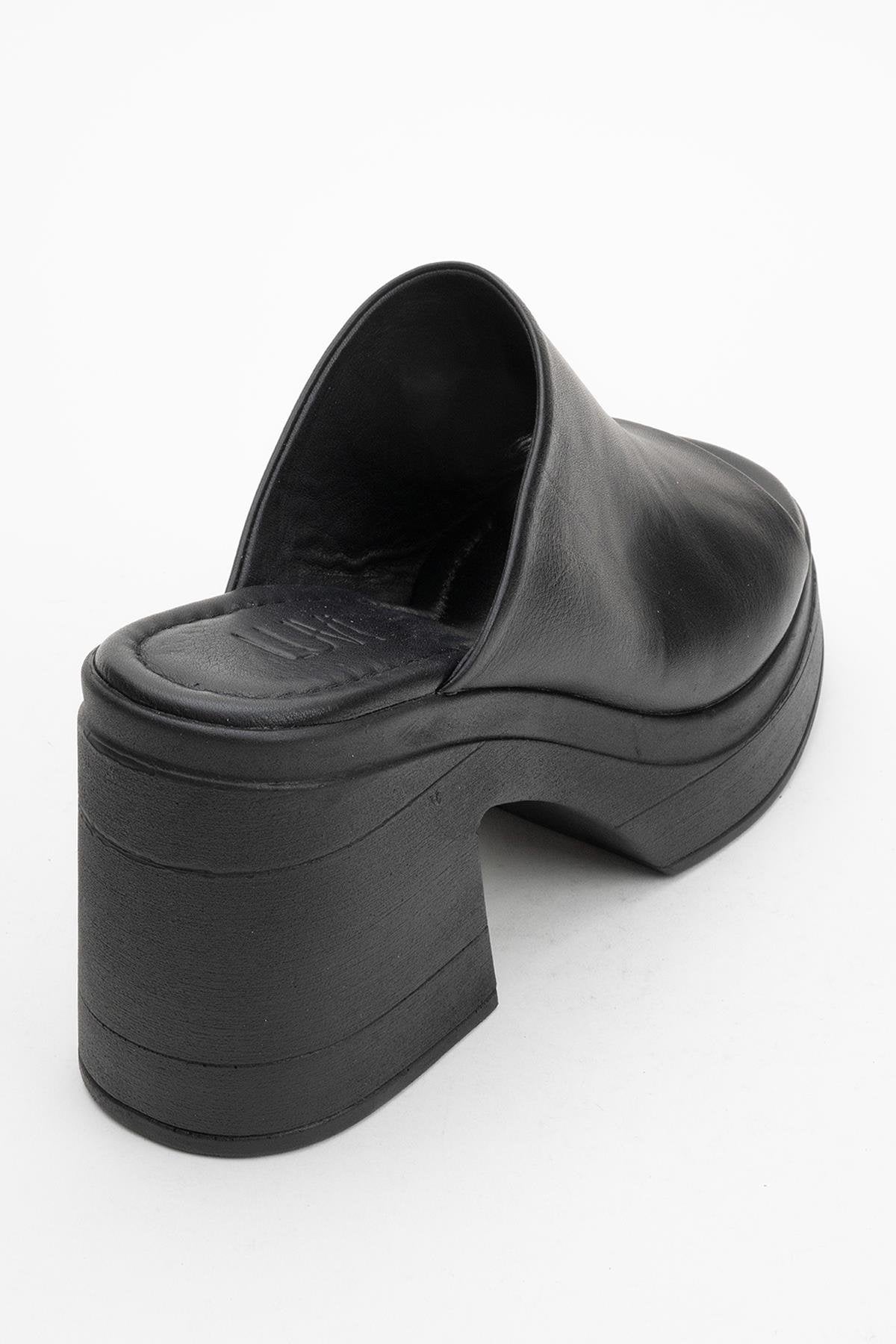 Nola - Black Leather Heeled Mules