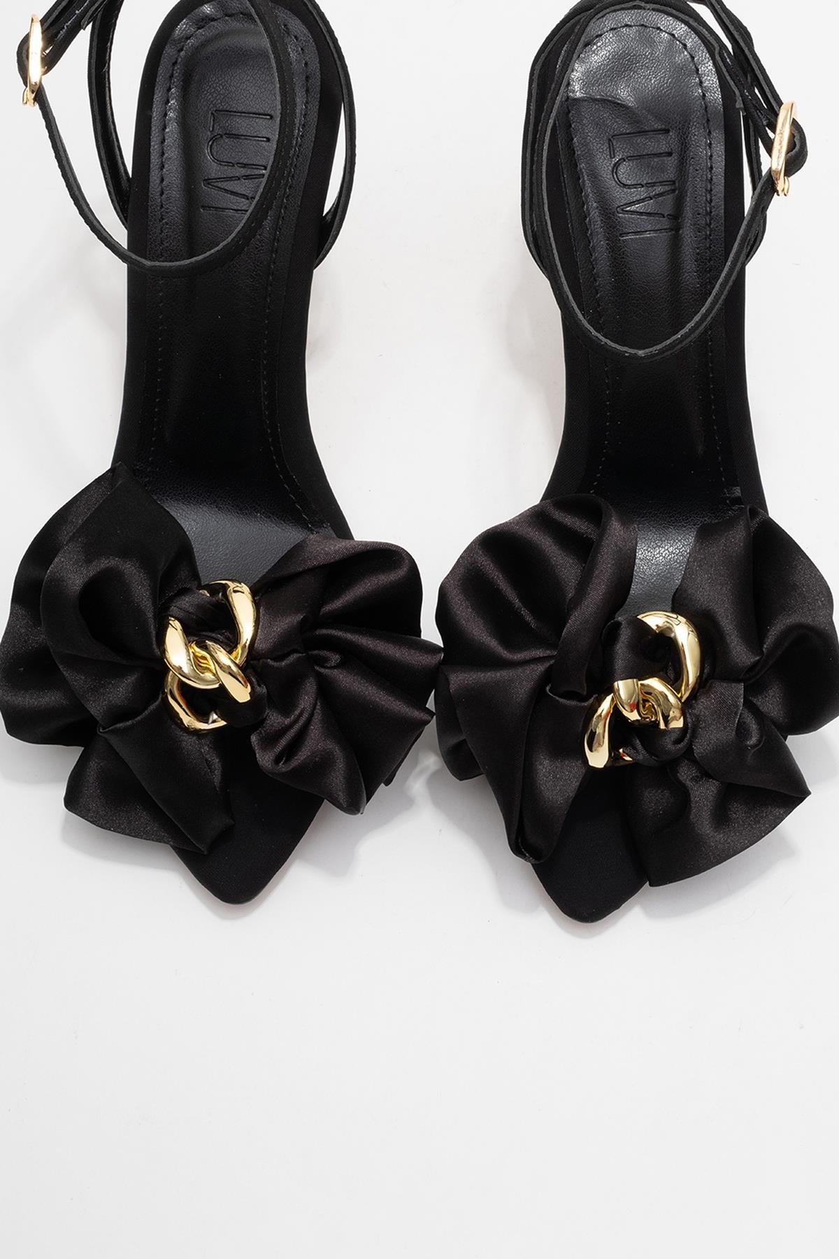 Lucy - Black Satin Bow Open-Toe Stiletto (Women)