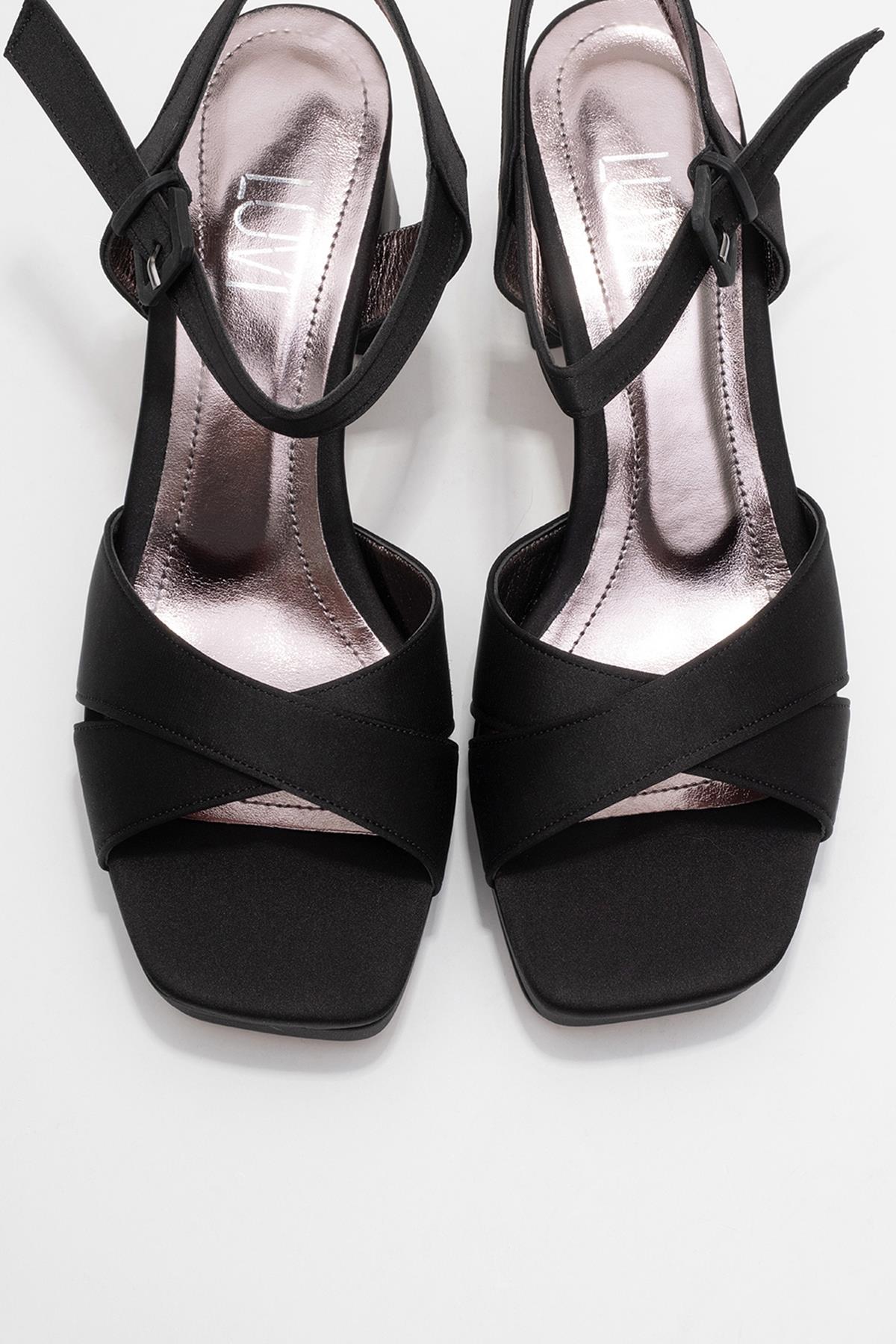 Lisbon - Black Satin Cross-Strap Platform Heel (Women)