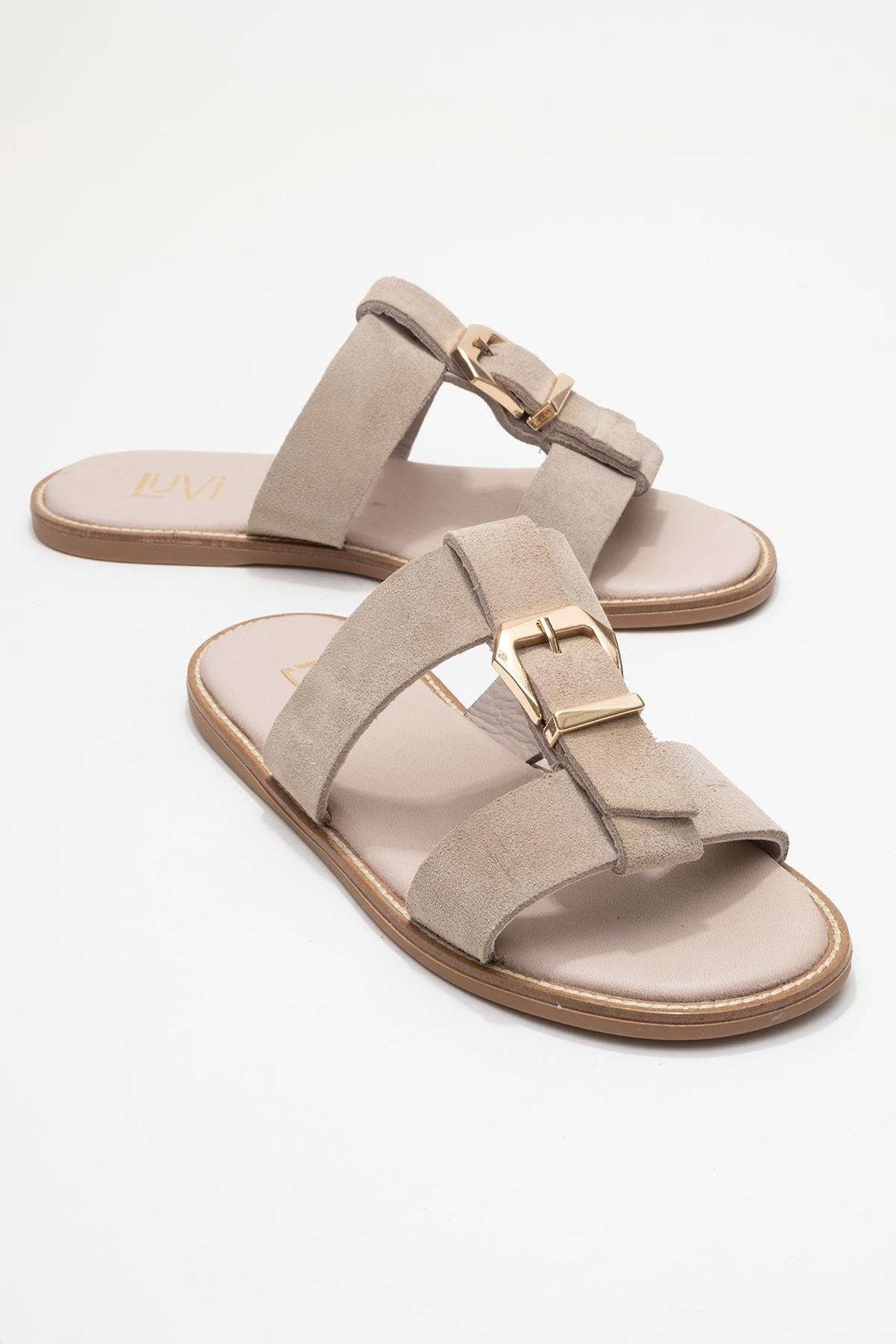 Sveta - Beige Suede Buckled Genuine Leather Slipper (Women)