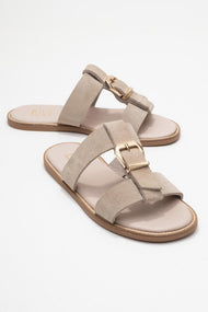Sveta - Beige Suede Buckled Genuine Leather Slipper (Women)
