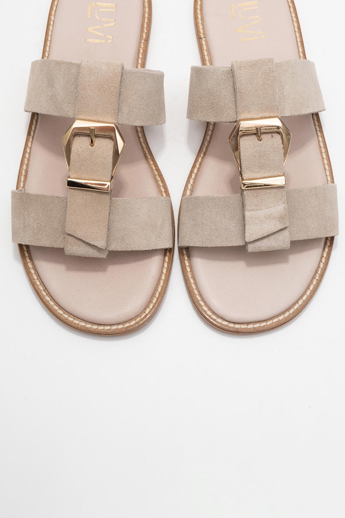 Sveta - Beige Suede Buckled Genuine Leather Slipper (Women)