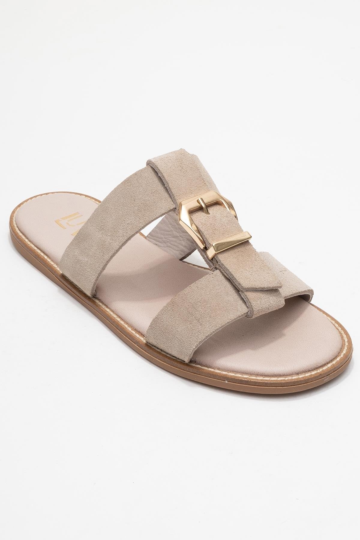 Sveta - Beige Suede Buckled Genuine Leather Slipper (Women)