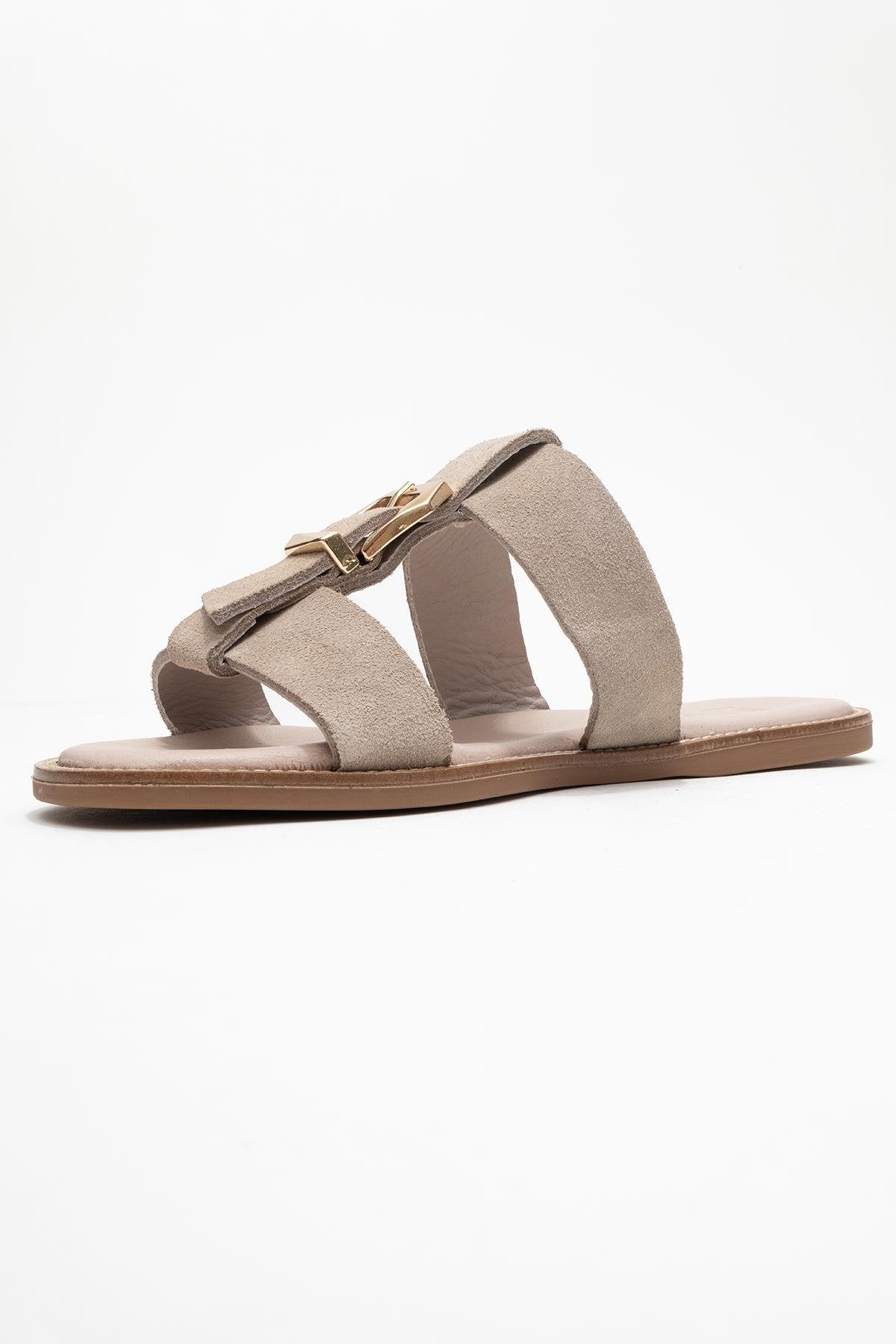 Sveta - Beige Suede Buckled Genuine Leather Slipper (Women)