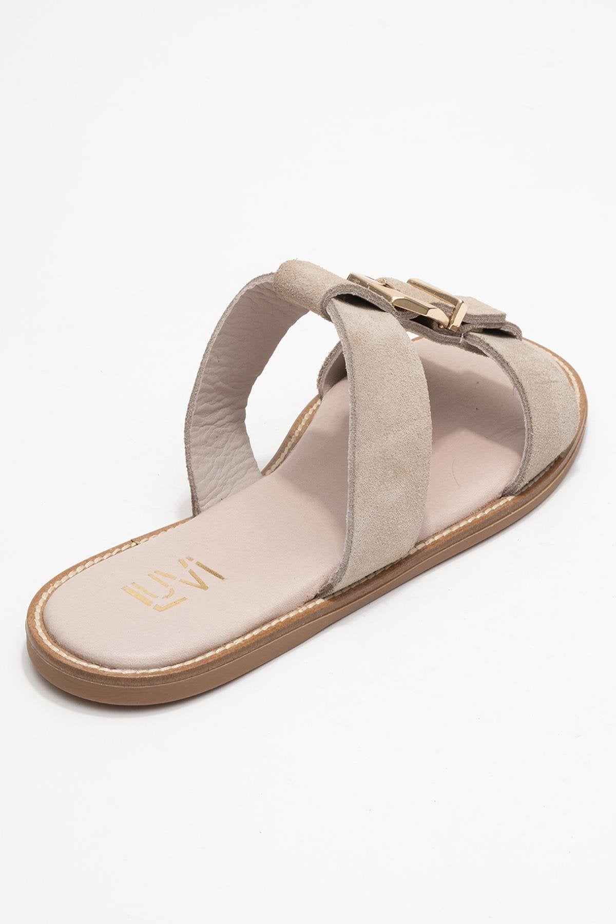 Sveta - Beige Suede Buckled Genuine Leather Slipper (Women)