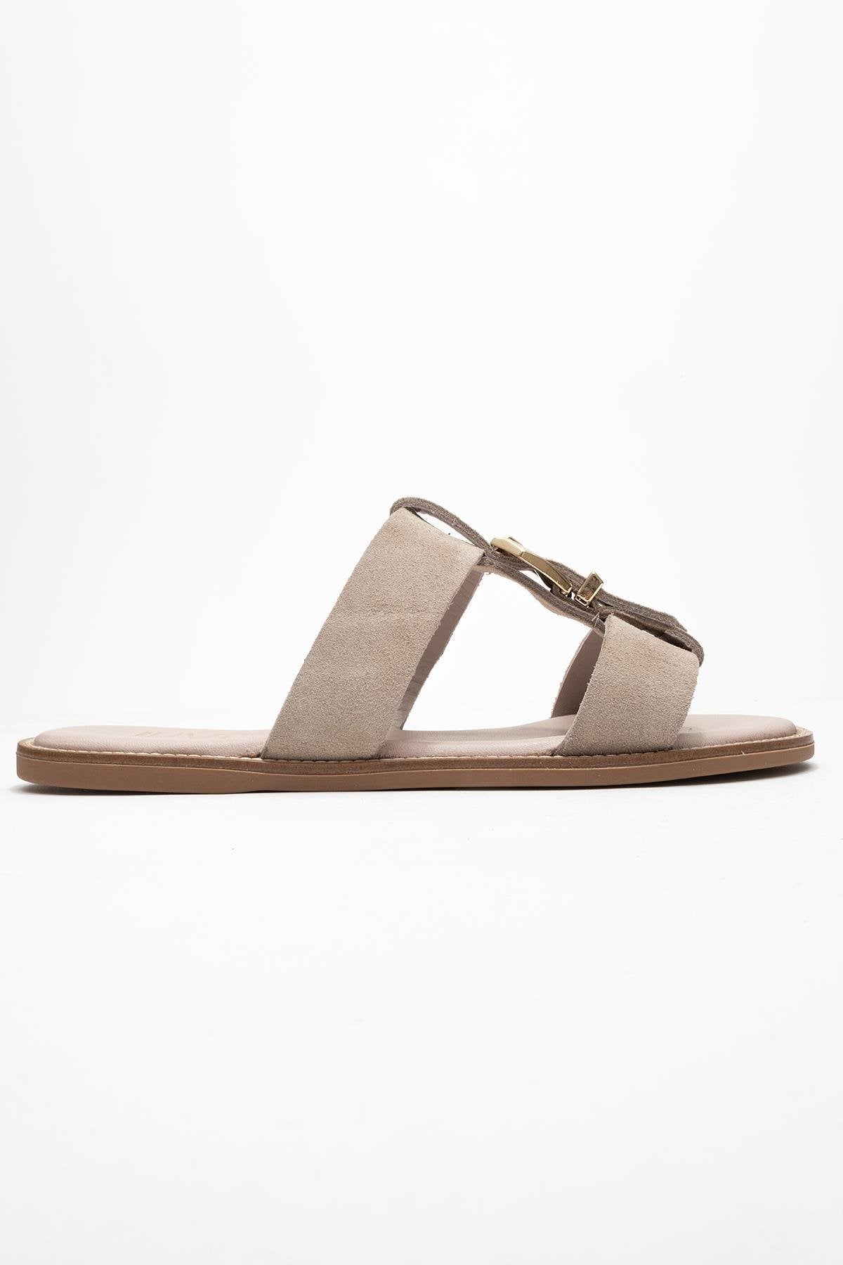 Sveta - Beige Suede Buckled Genuine Leather Slipper (Women)