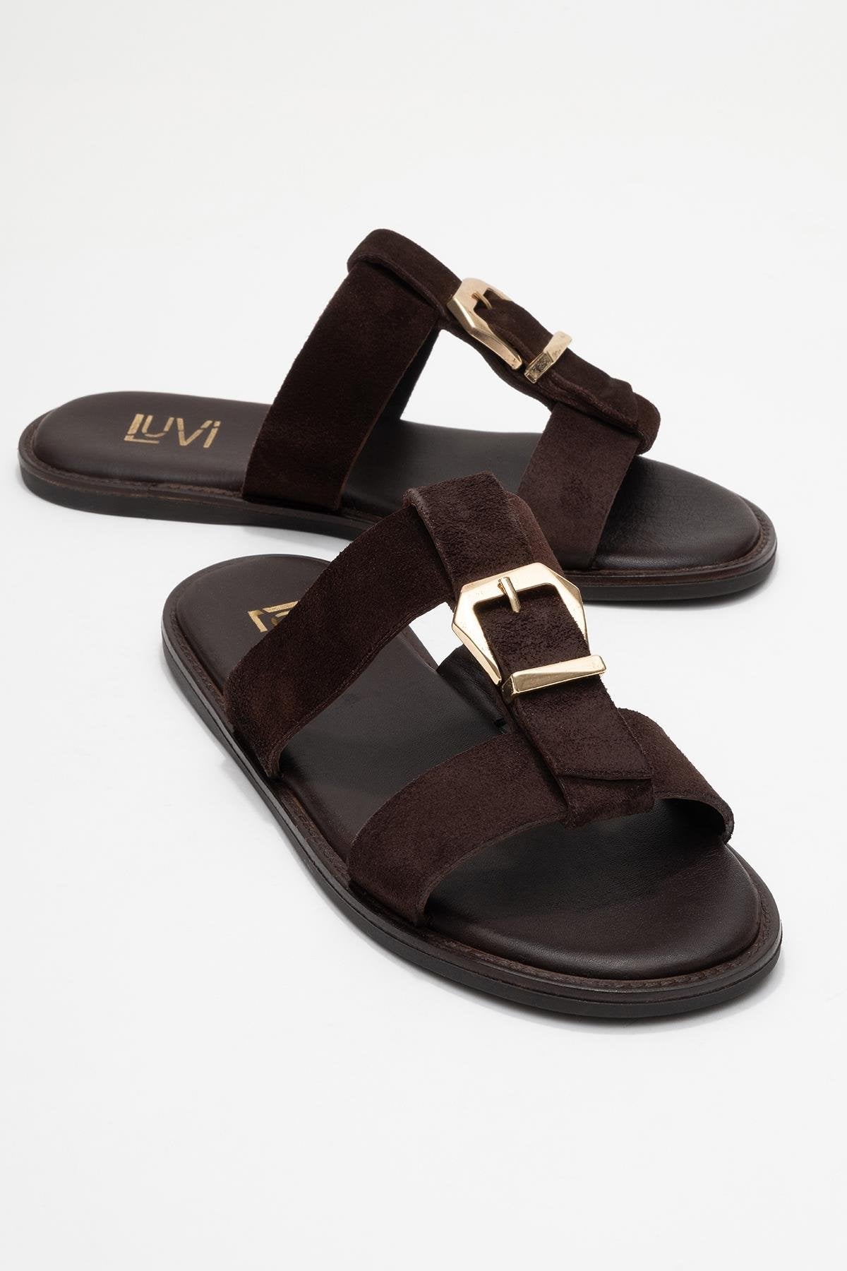 Sveta - Brown Suede Genuine Leather Buckle Slide (Women)