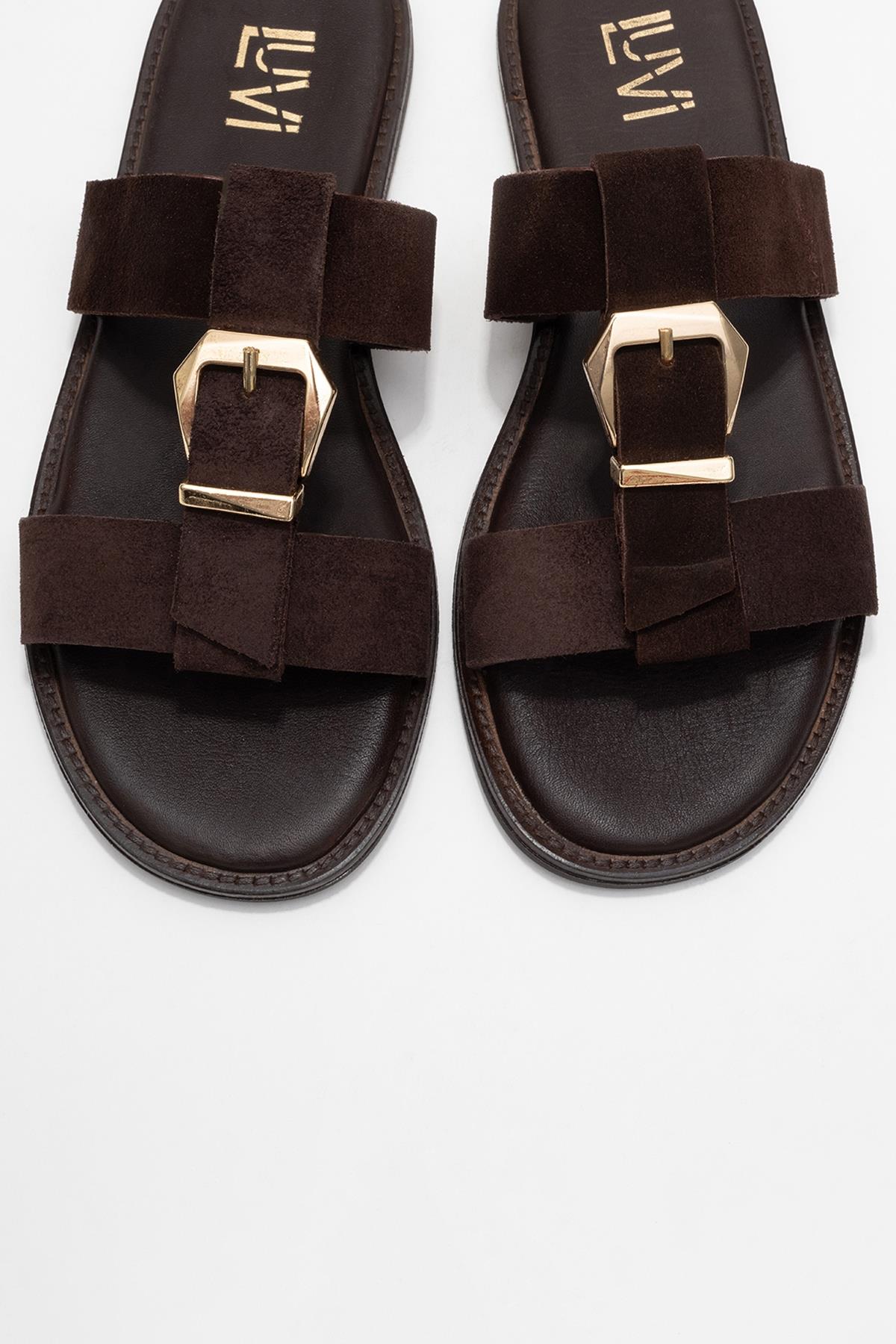 Sveta - Brown Suede Genuine Leather Buckle Slide (Women)