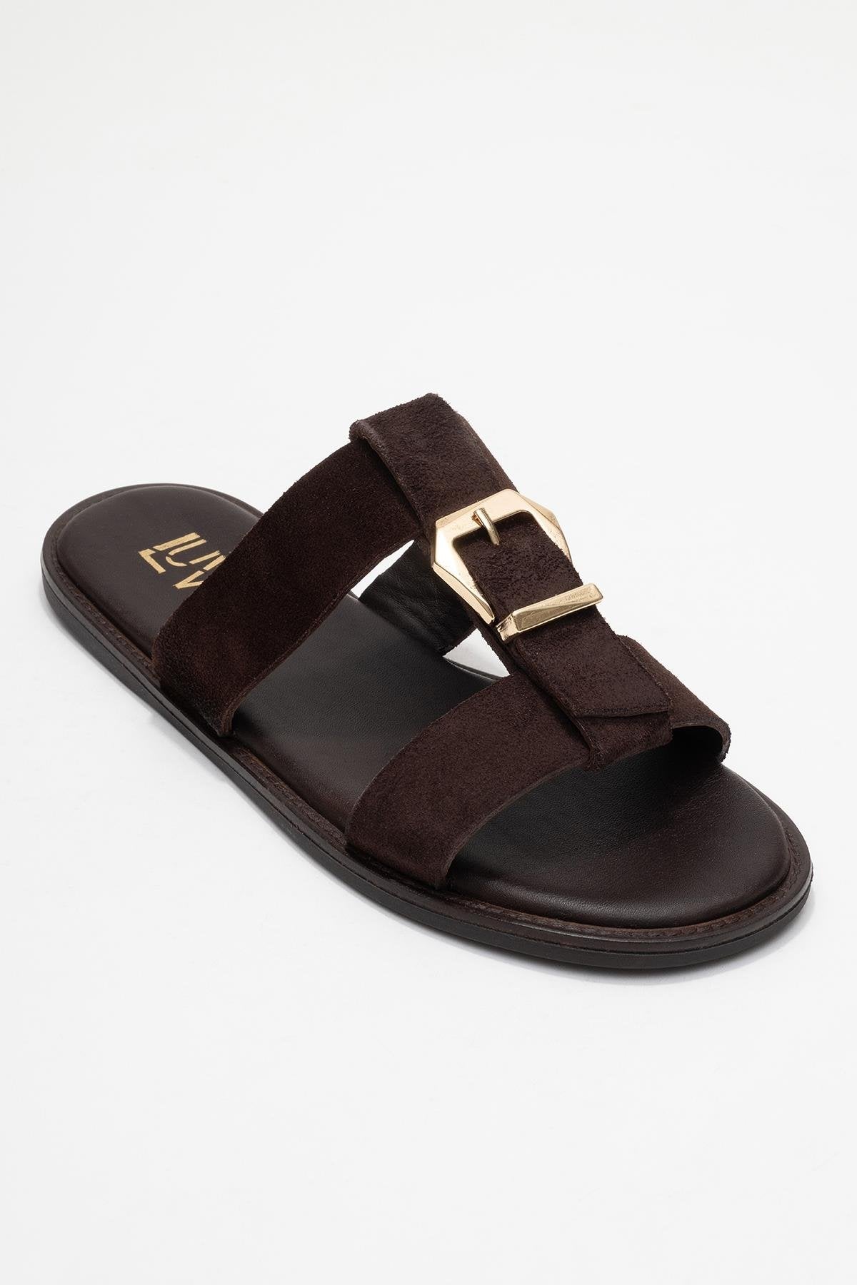 Sveta - Brown Suede Genuine Leather Buckle Slide (Women)
