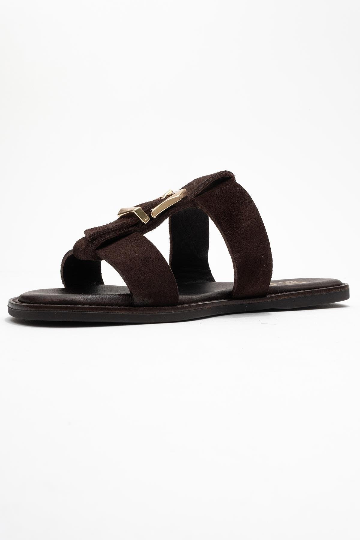 Sveta - Brown Suede Genuine Leather Buckle Slide (Women)
