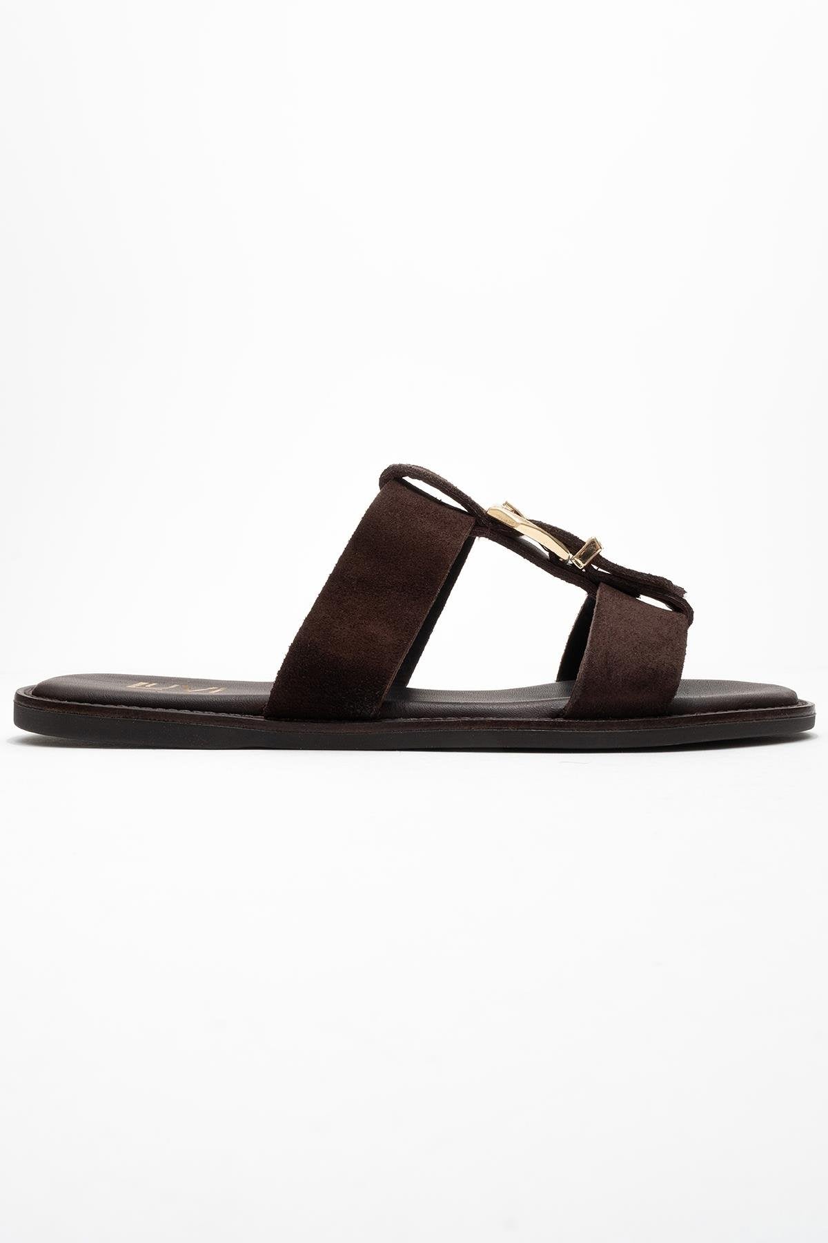Sveta - Brown Suede Genuine Leather Buckle Slide (Women)