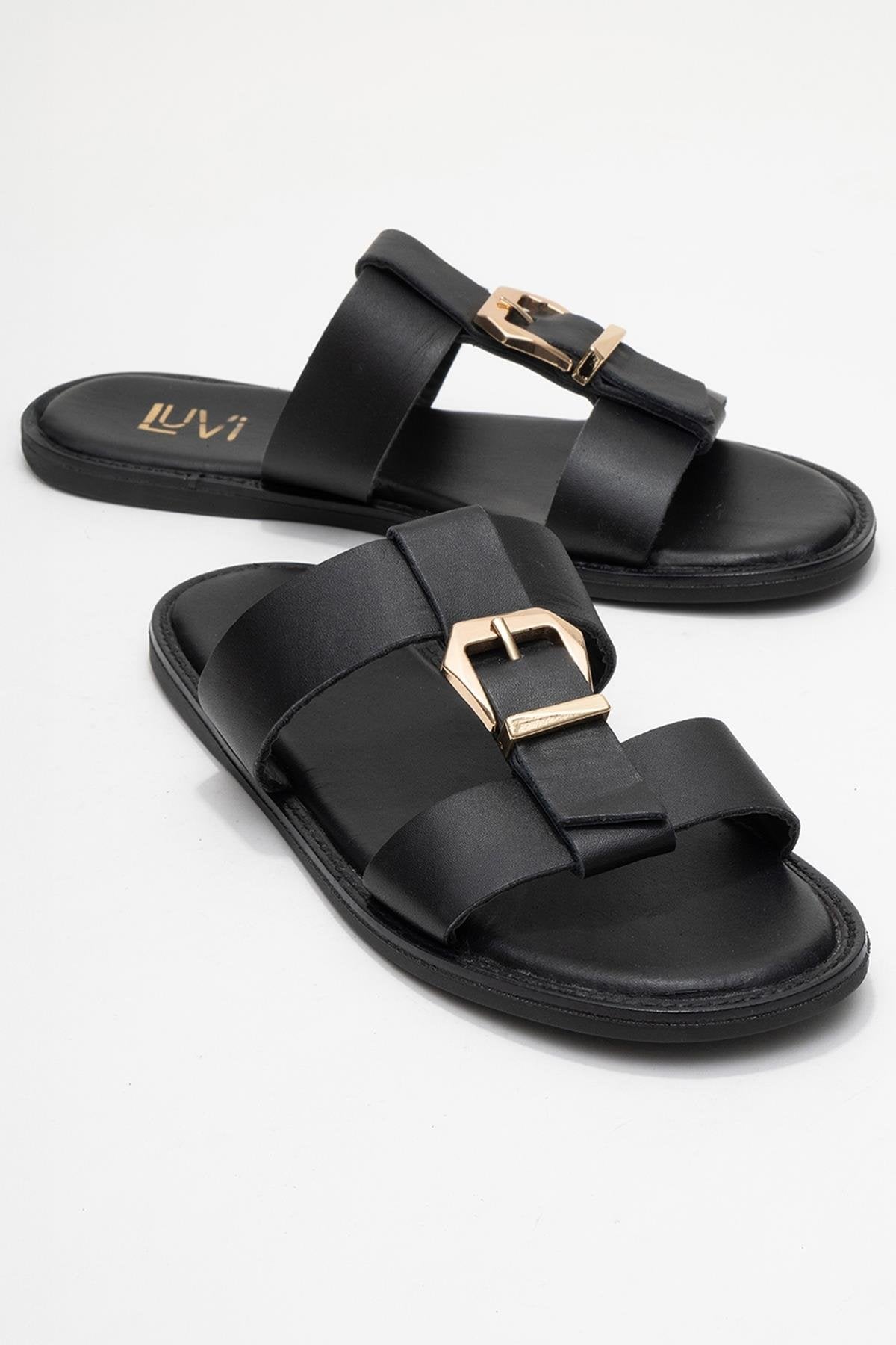 Sveta - Black Genuine Leather Buckle Slide (Women)