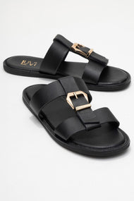 Sveta - Black Genuine Leather Buckle Slide (Women)