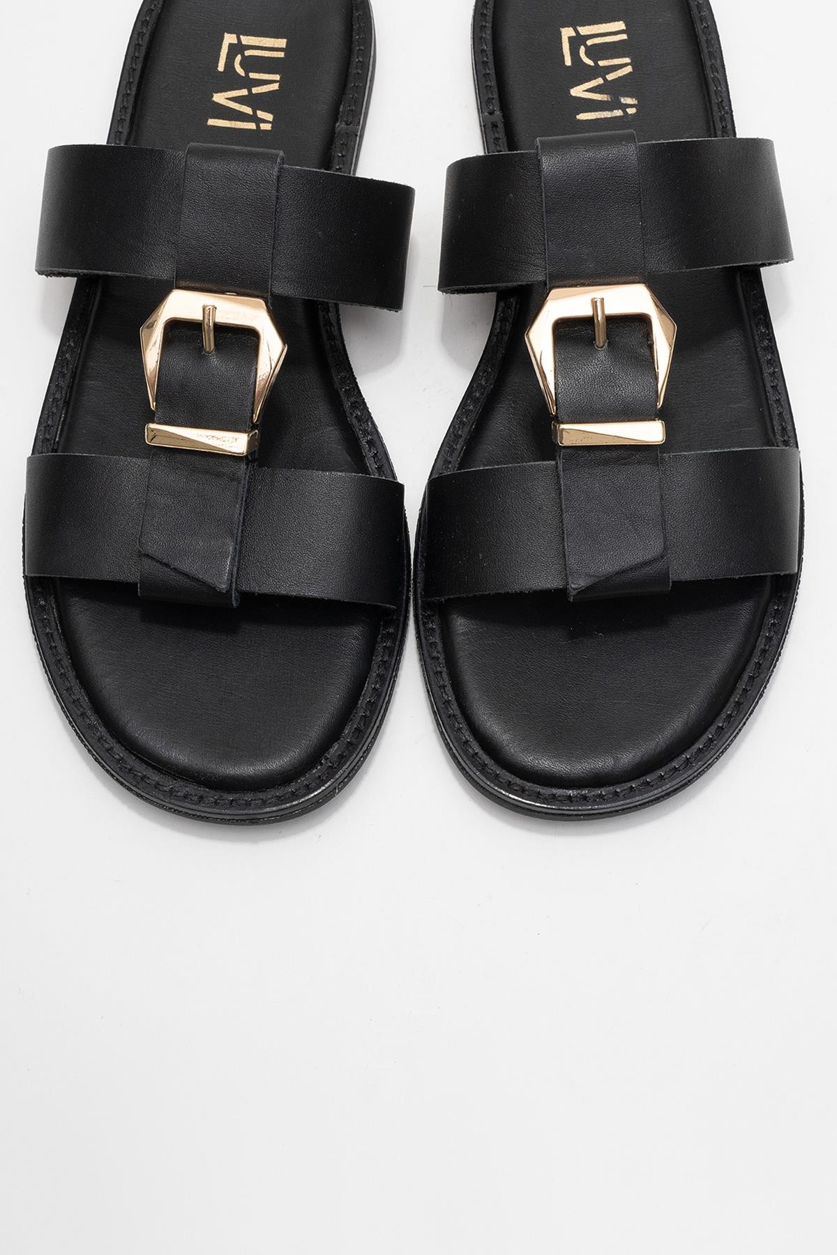 Sveta - Black Genuine Leather Buckle Slide (Women)