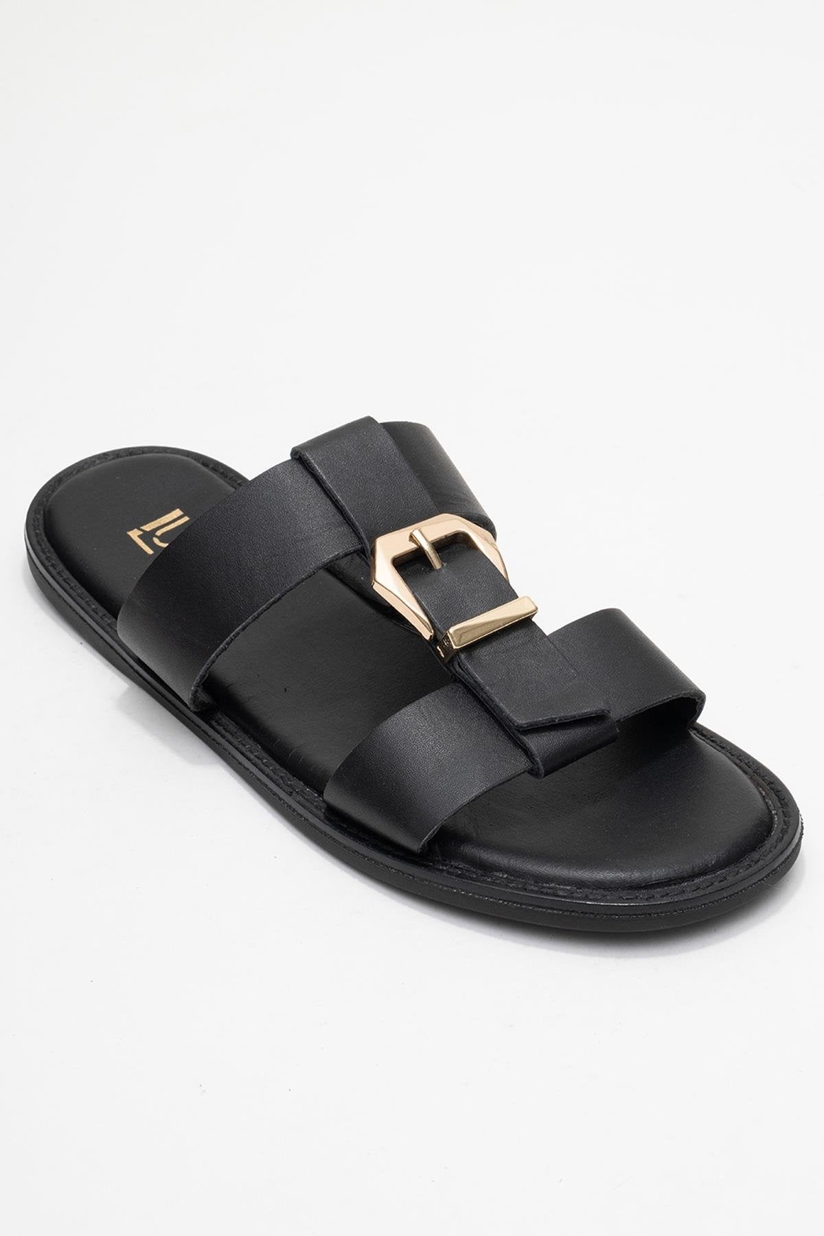 Sveta - Black Genuine Leather Buckle Slide (Women)
