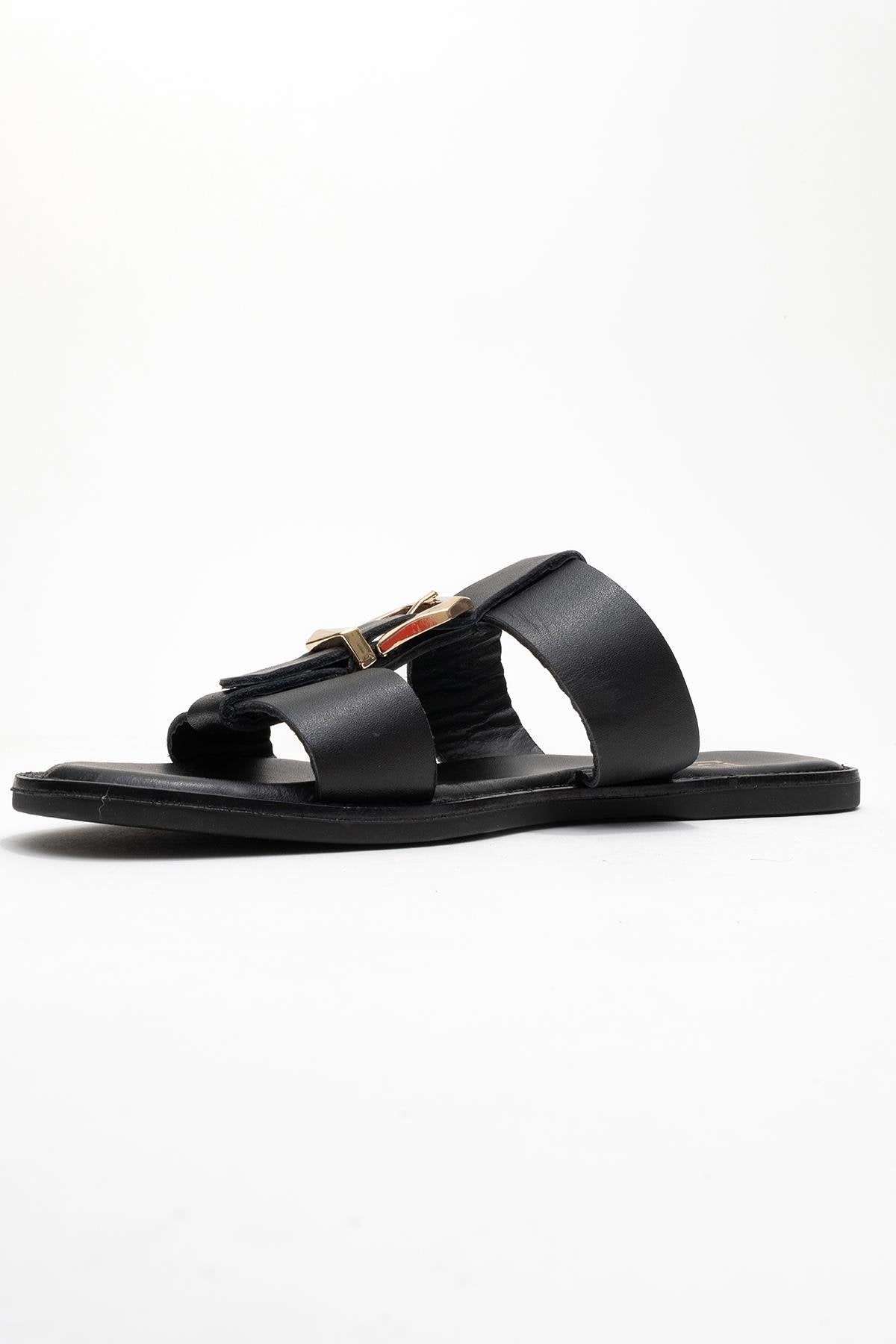 Sveta - Black Genuine Leather Buckle Slide (Women)