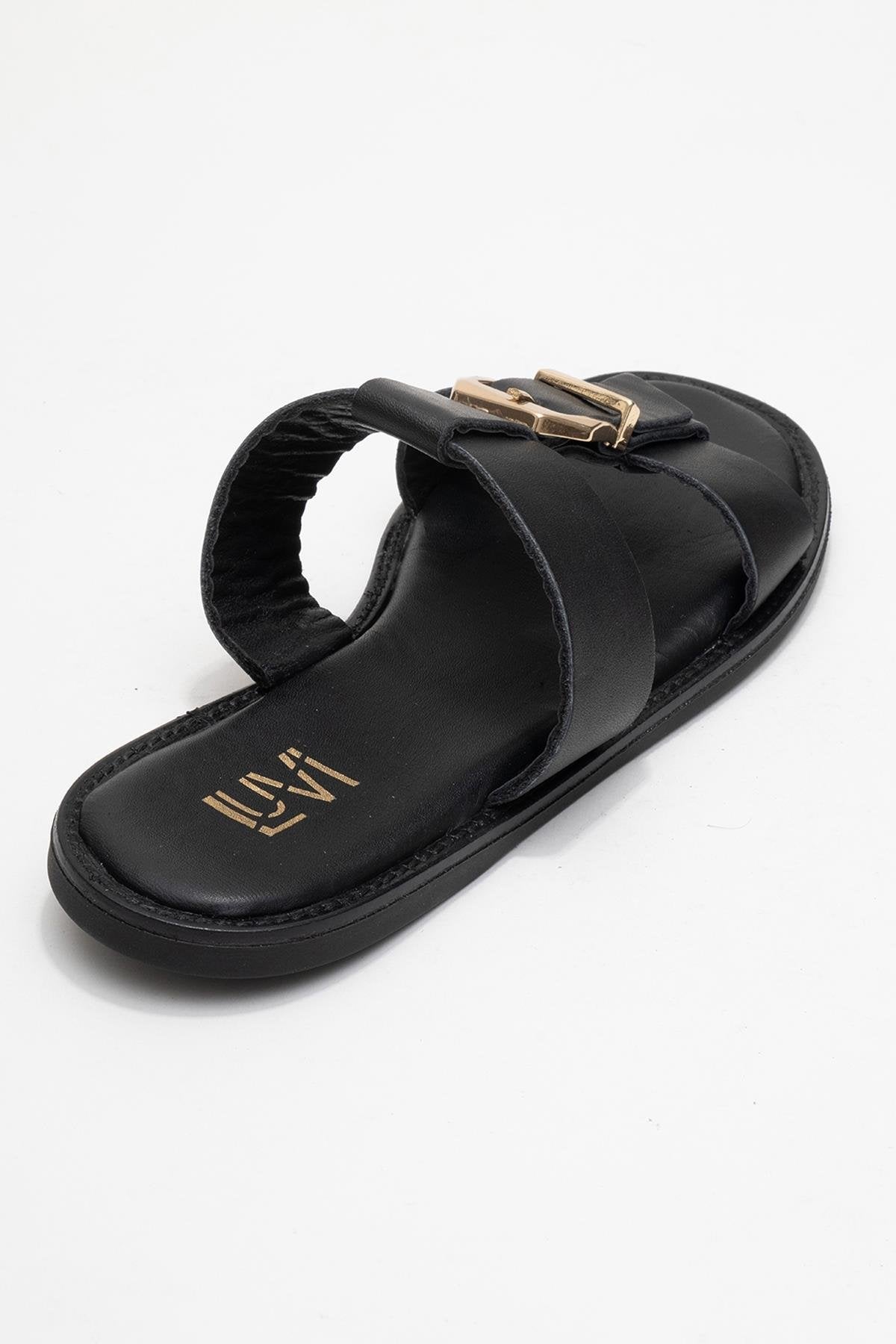 Sveta - Black Genuine Leather Buckle Slide (Women)