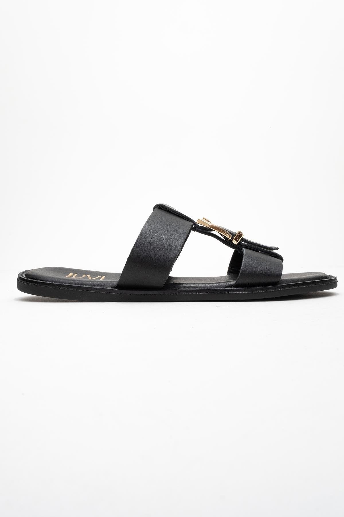 Sveta - Black Genuine Leather Buckle Slide (Women)