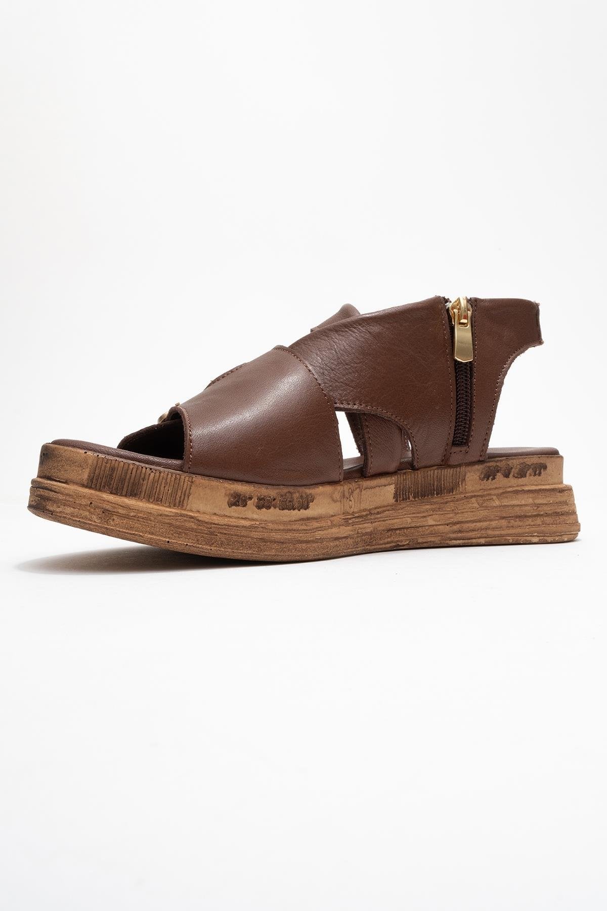 Levine Brown Leather Buckled Side-Zip Sandal (Women)