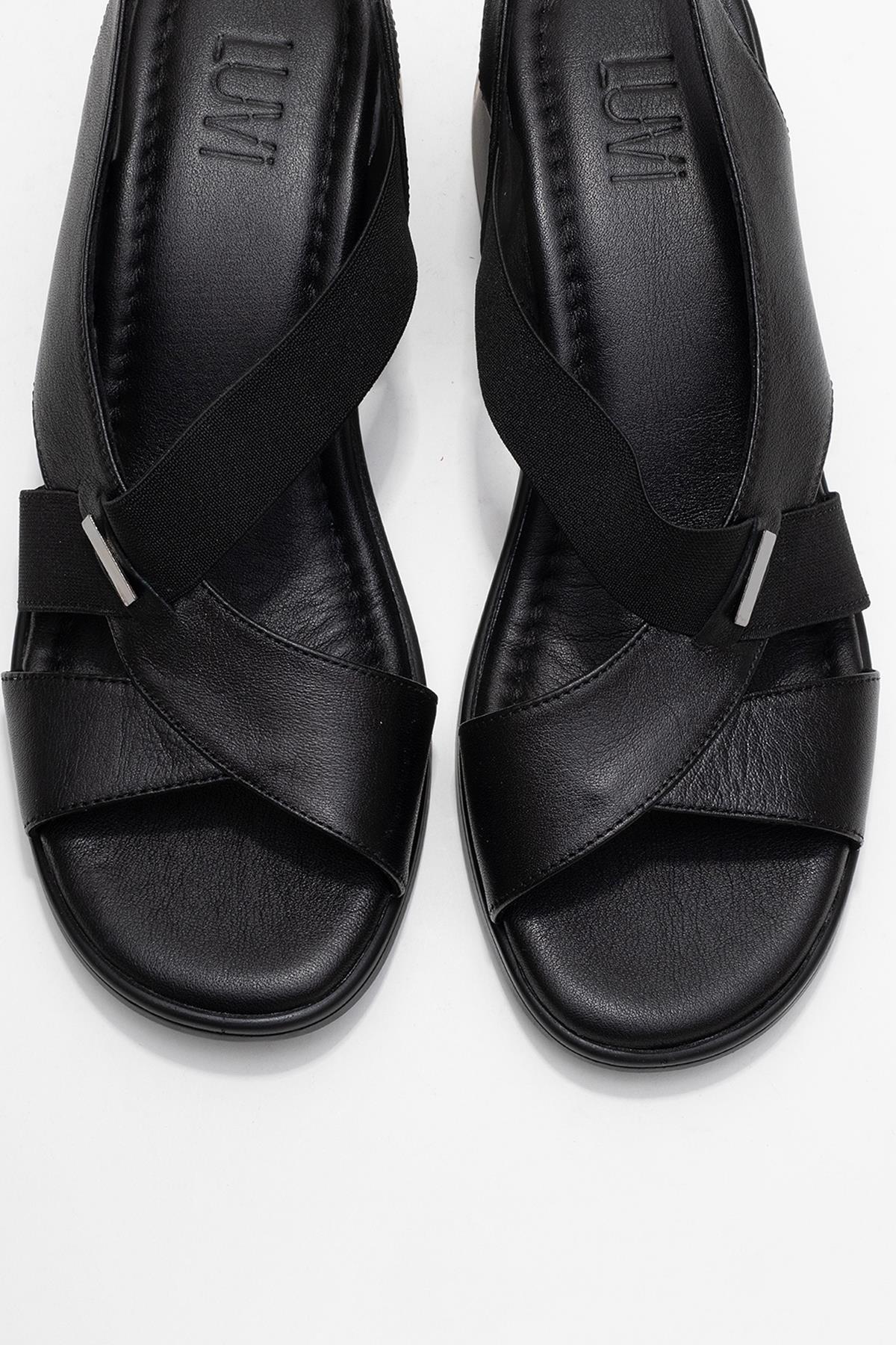 Crina Black Elasticated Leather Chunky Heel Sandal (Women)