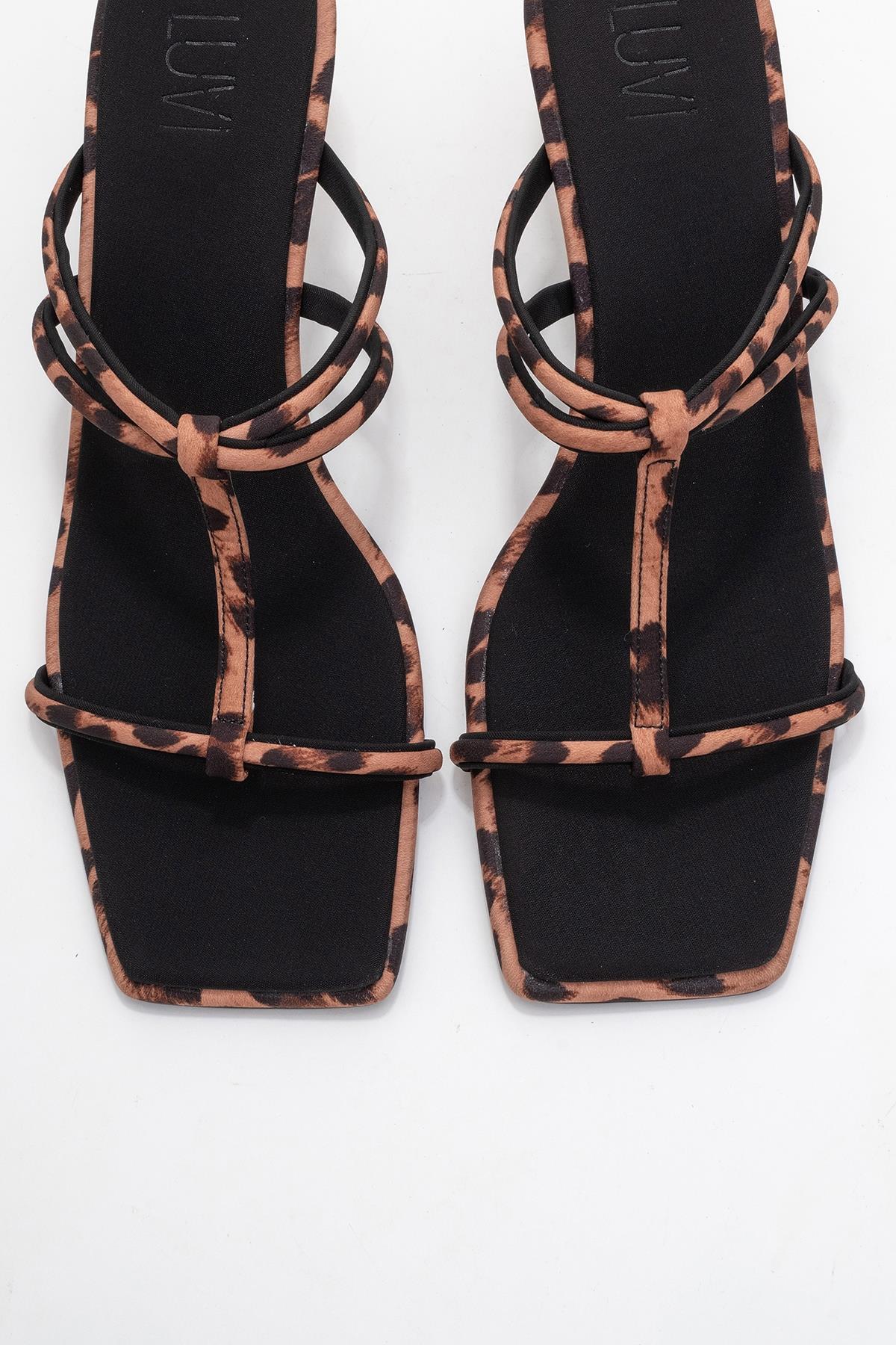 Mocha - Black/Yellow Printed Square-Toe Thin-Strap Heeled Mule (Women)