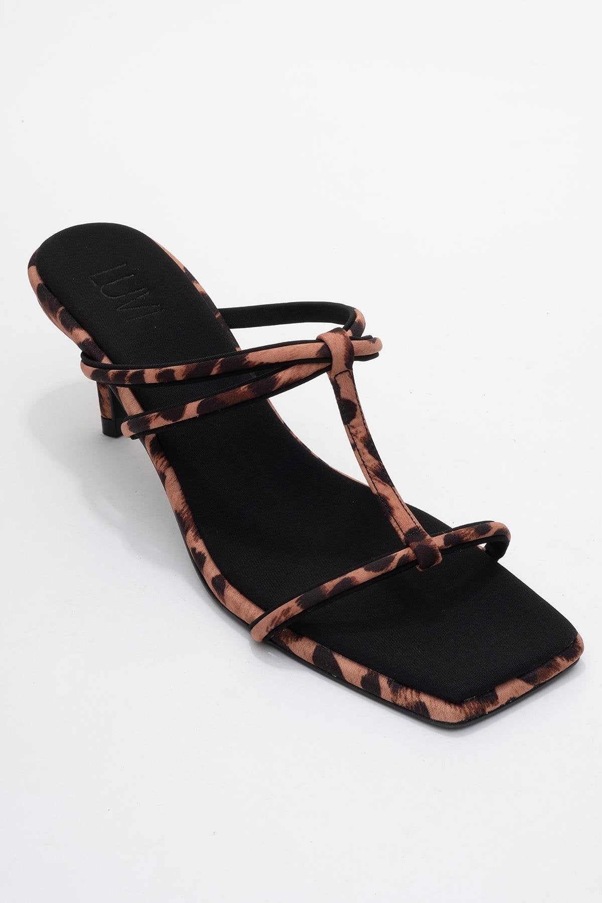 Mocha - Black/Yellow Printed Square-Toe Thin-Strap Heeled Mule (Women)