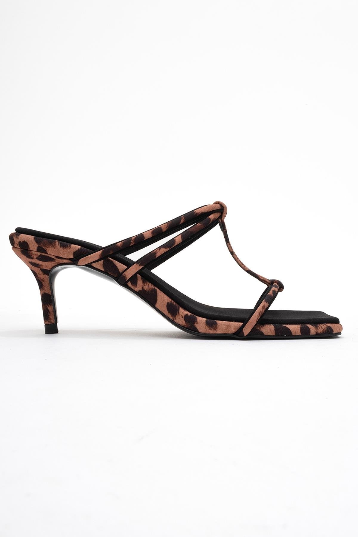 Mocha - Black/Yellow Printed Square-Toe Thin-Strap Heeled Mule (Women)
