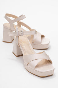 Lisbon - Beige Satin Cross-Strap Platform Heel Shoe (Women)