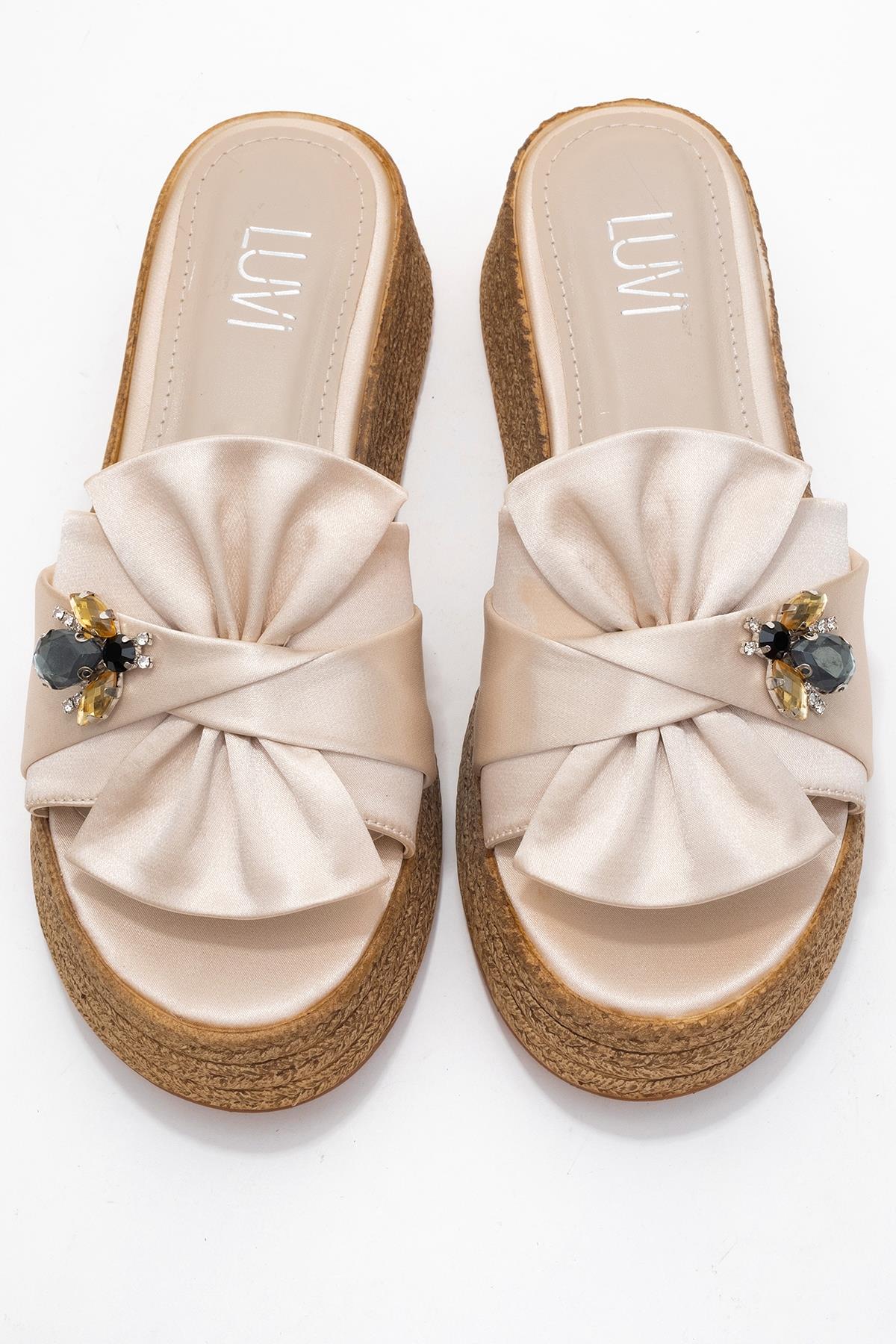 Shara Beige Satin Bow & Bee Buckle Platform Sandal (Women)
