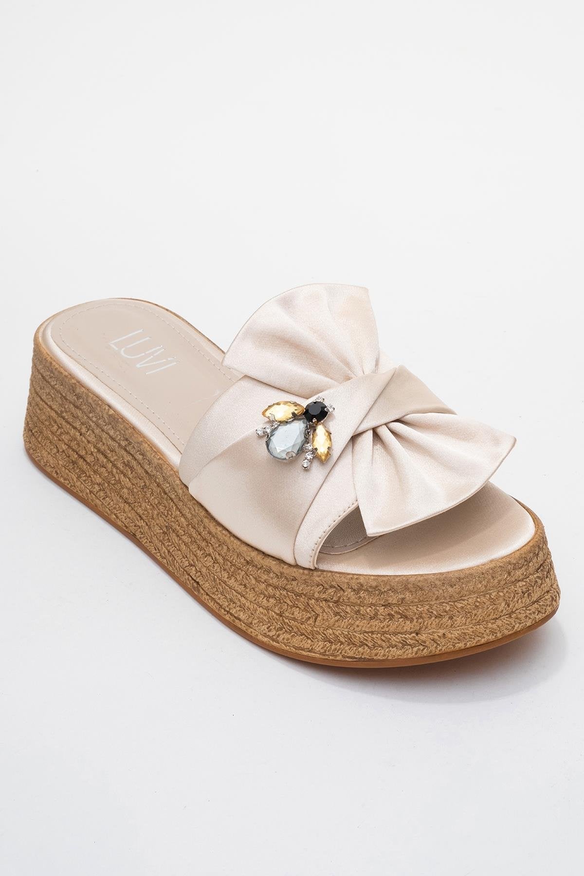 Shara Beige Satin Bow & Bee Buckle Platform Sandal (Women)