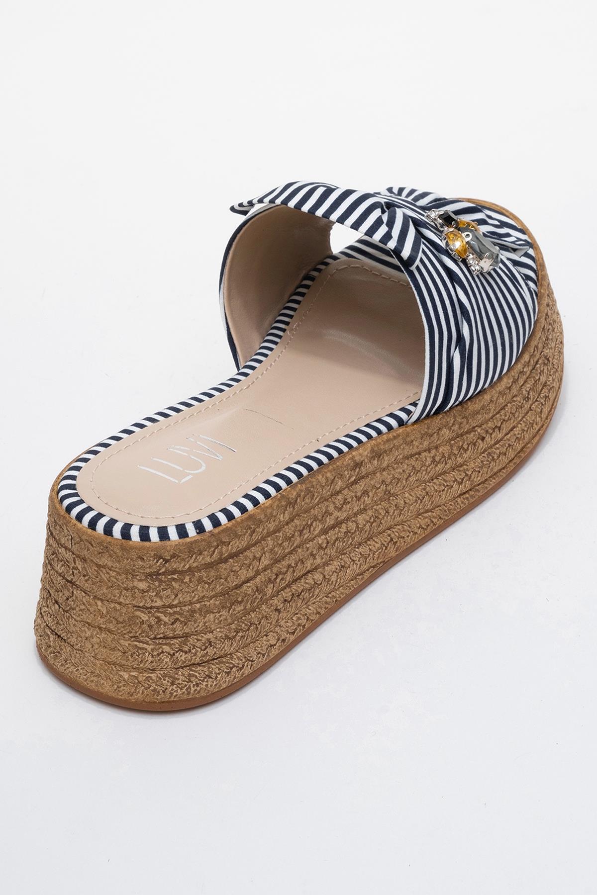 Shara Navy & White Striped Bow & Bee Buckle Platform Sandal (Women)