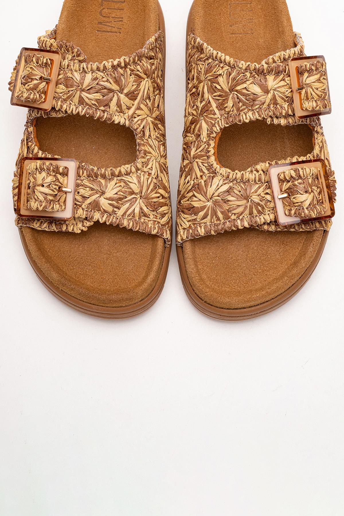 Milana Cognac Brown Leather Double‑Strap Slide (Women)