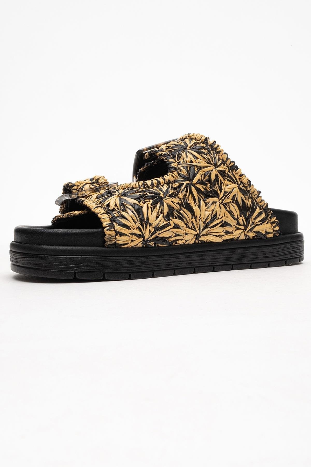 Milana Black Leather Double‑Strap Slide (Women)