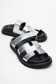 Loana Silver Leather Slide Sandal (Women)