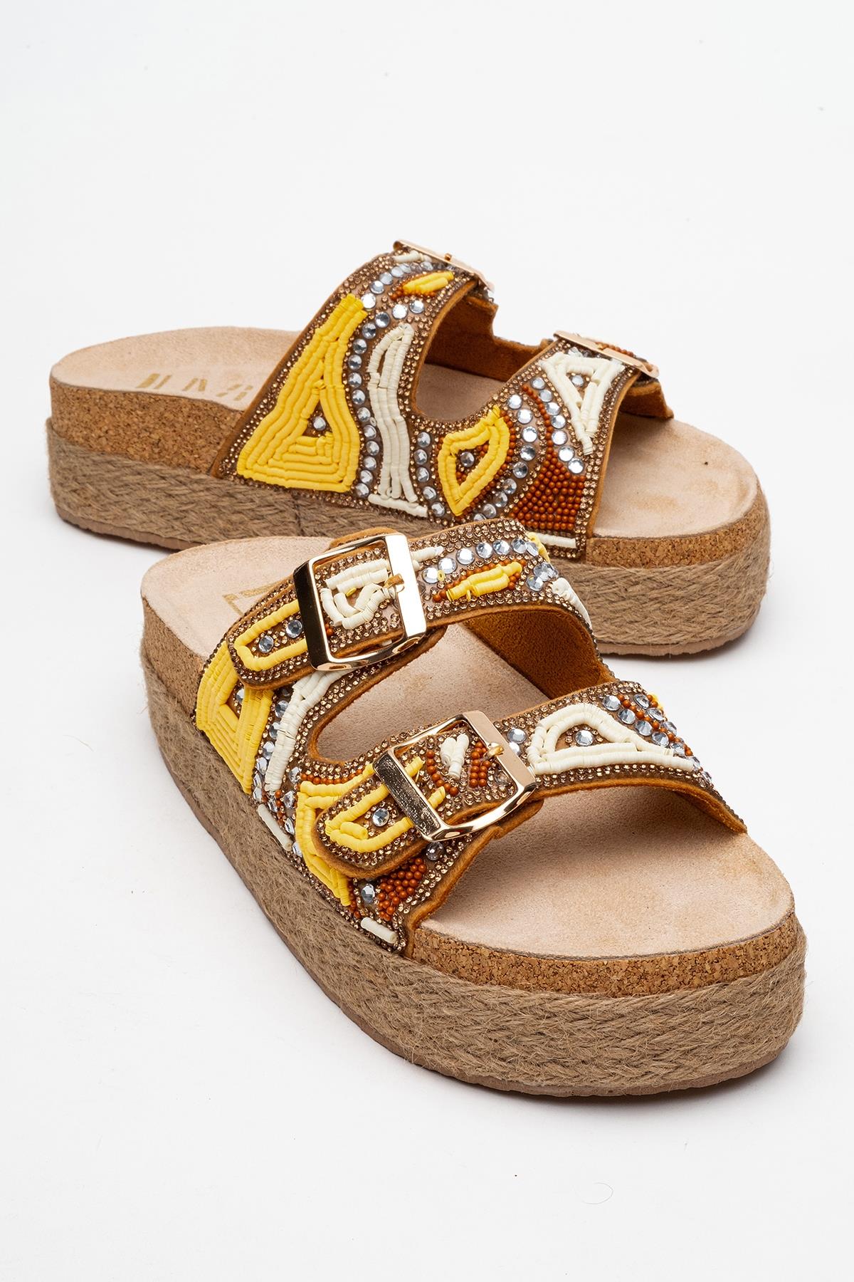 Bobby Yellow Beaded Straw Platform Slide (Women)