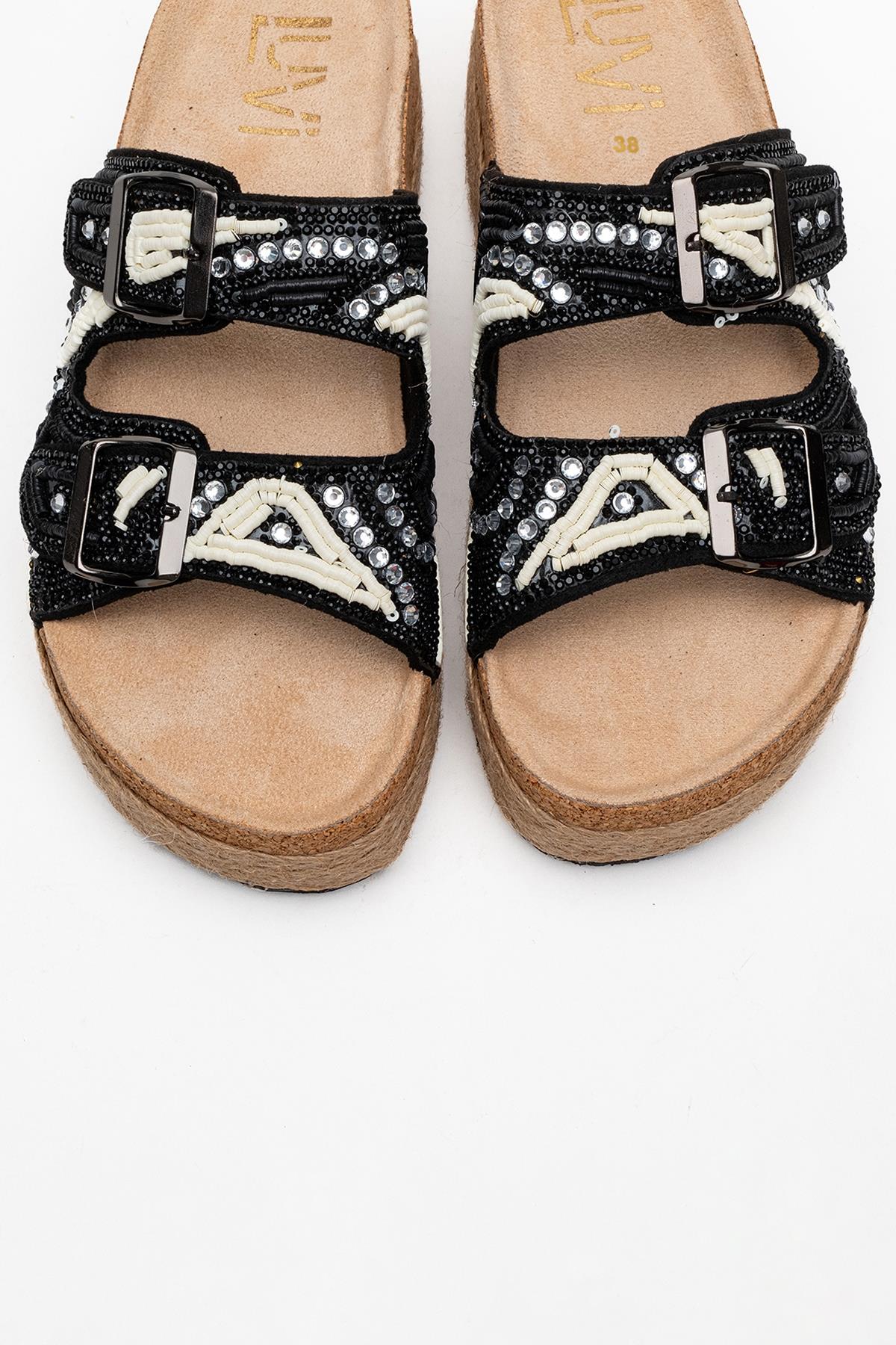 Bobby Black Beaded Straw Platform Slide (Women)