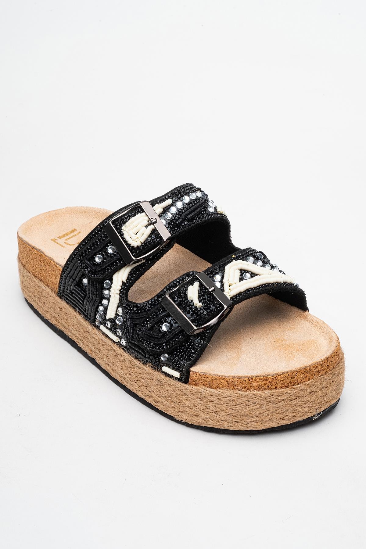 Bobby Black Beaded Straw Platform Slide (Women)