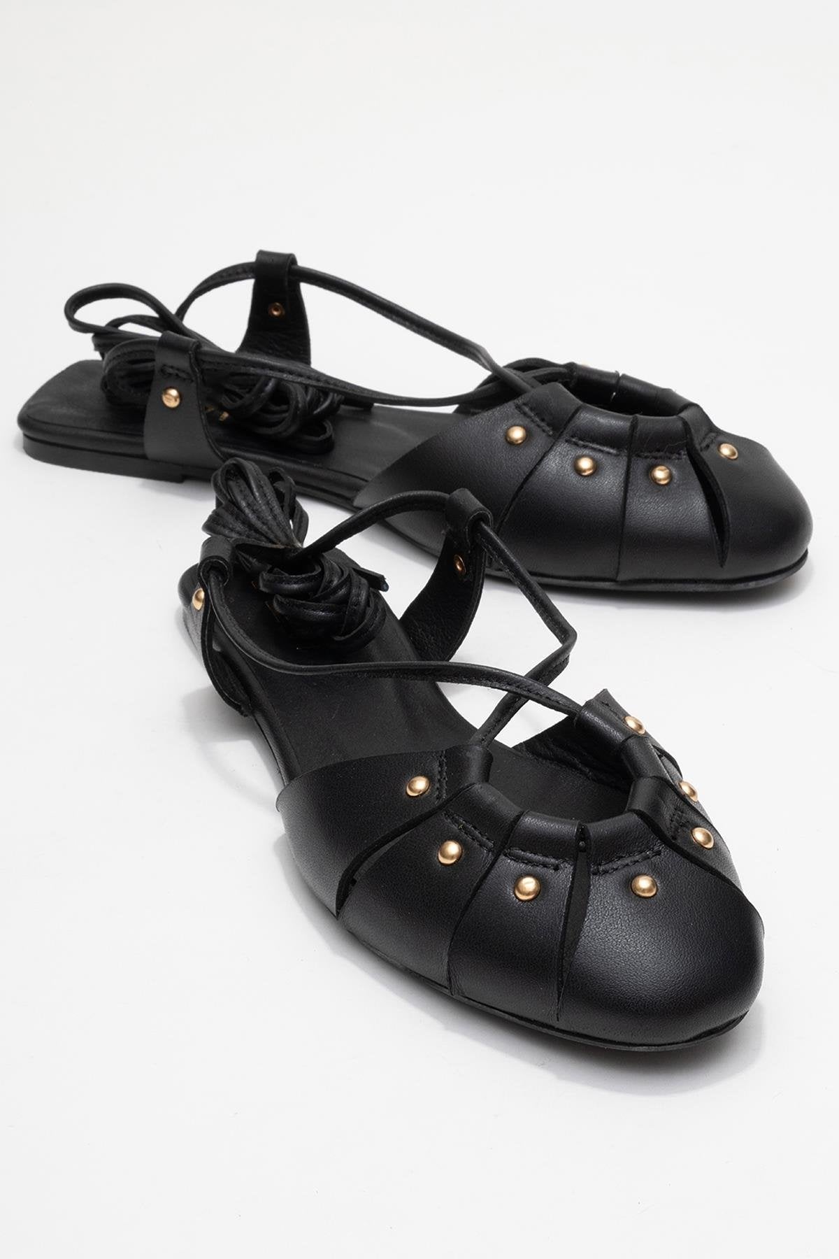 Daria - Black Genuine Leather Studded Ankle-Lace Sandal (Women)