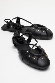 Daria - Black Genuine Leather Studded Ankle-Lace Sandal (Women)