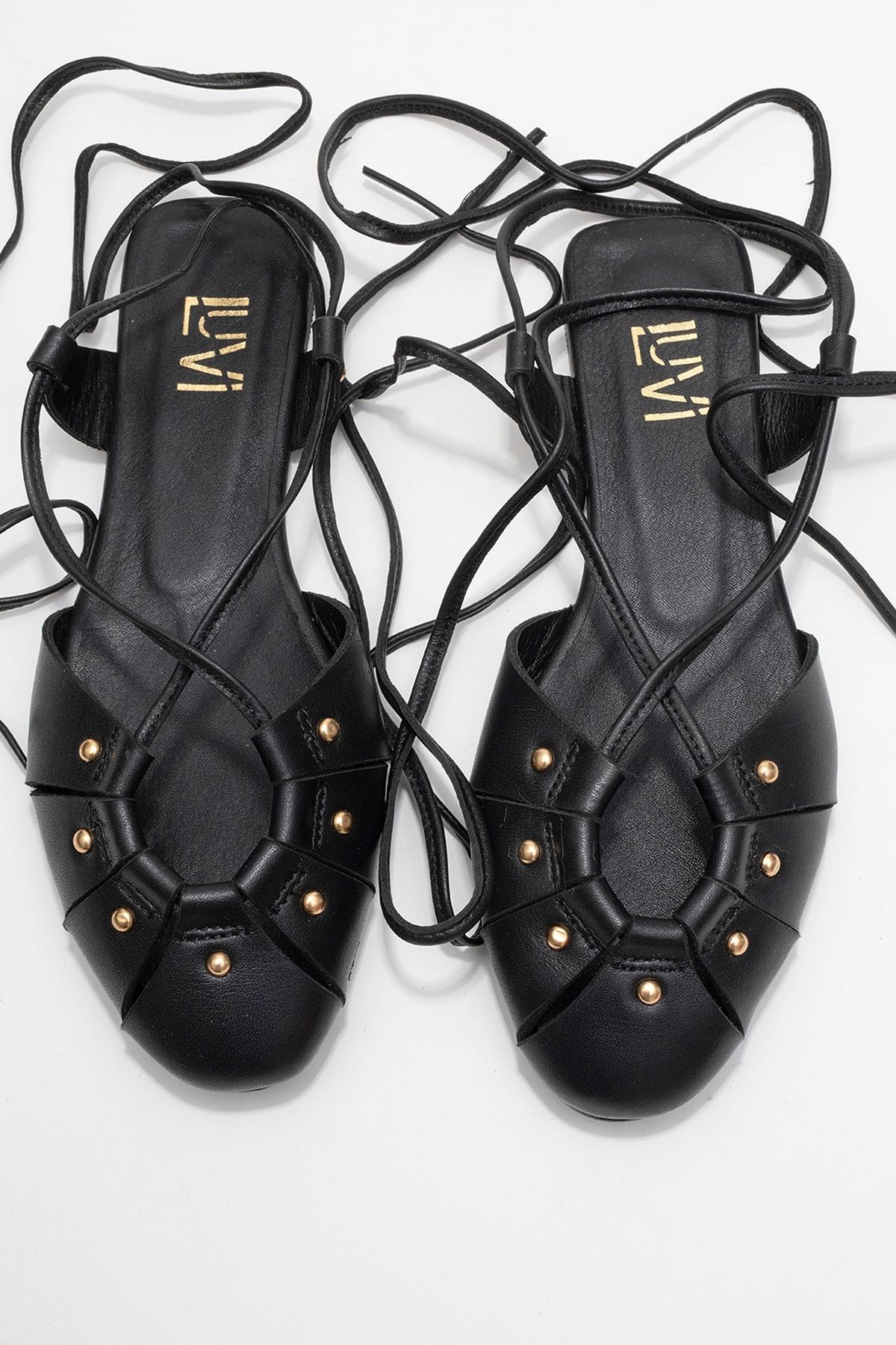 Daria - Black Genuine Leather Studded Ankle-Lace Sandal (Women)