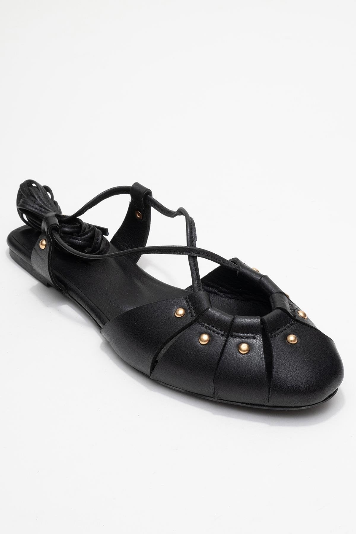 Daria - Black Genuine Leather Studded Ankle-Lace Sandal (Women)