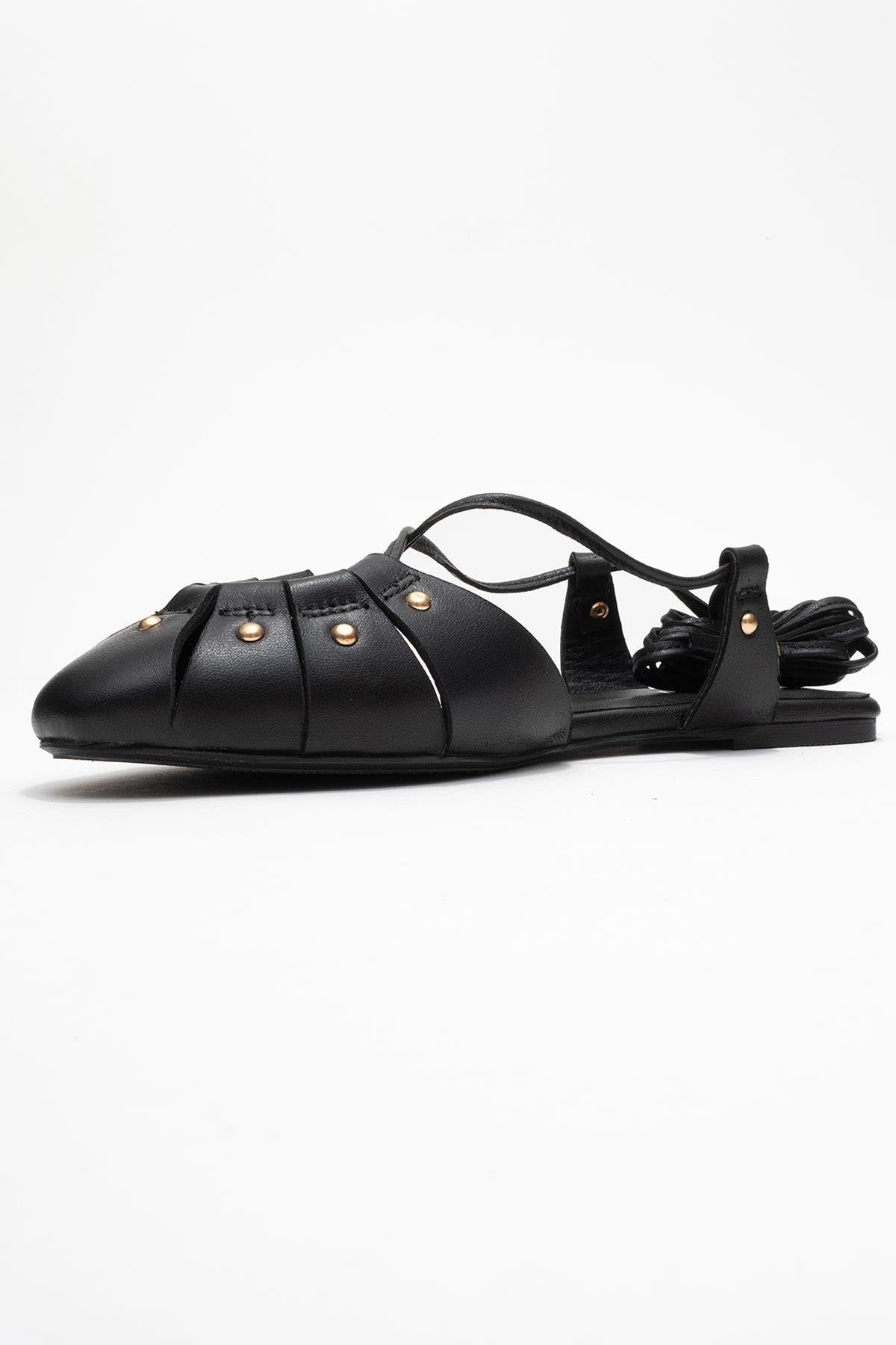 Daria - Black Genuine Leather Studded Ankle-Lace Sandal (Women)