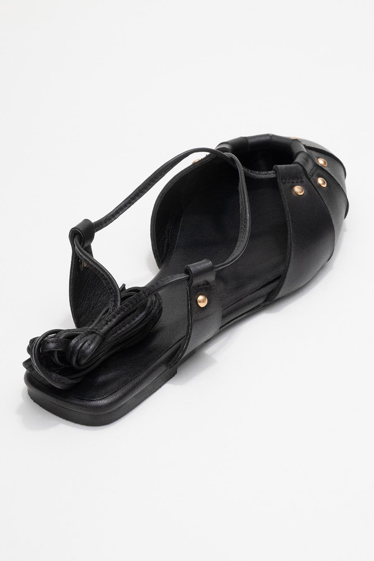 Daria - Black Genuine Leather Studded Ankle-Lace Sandal (Women)