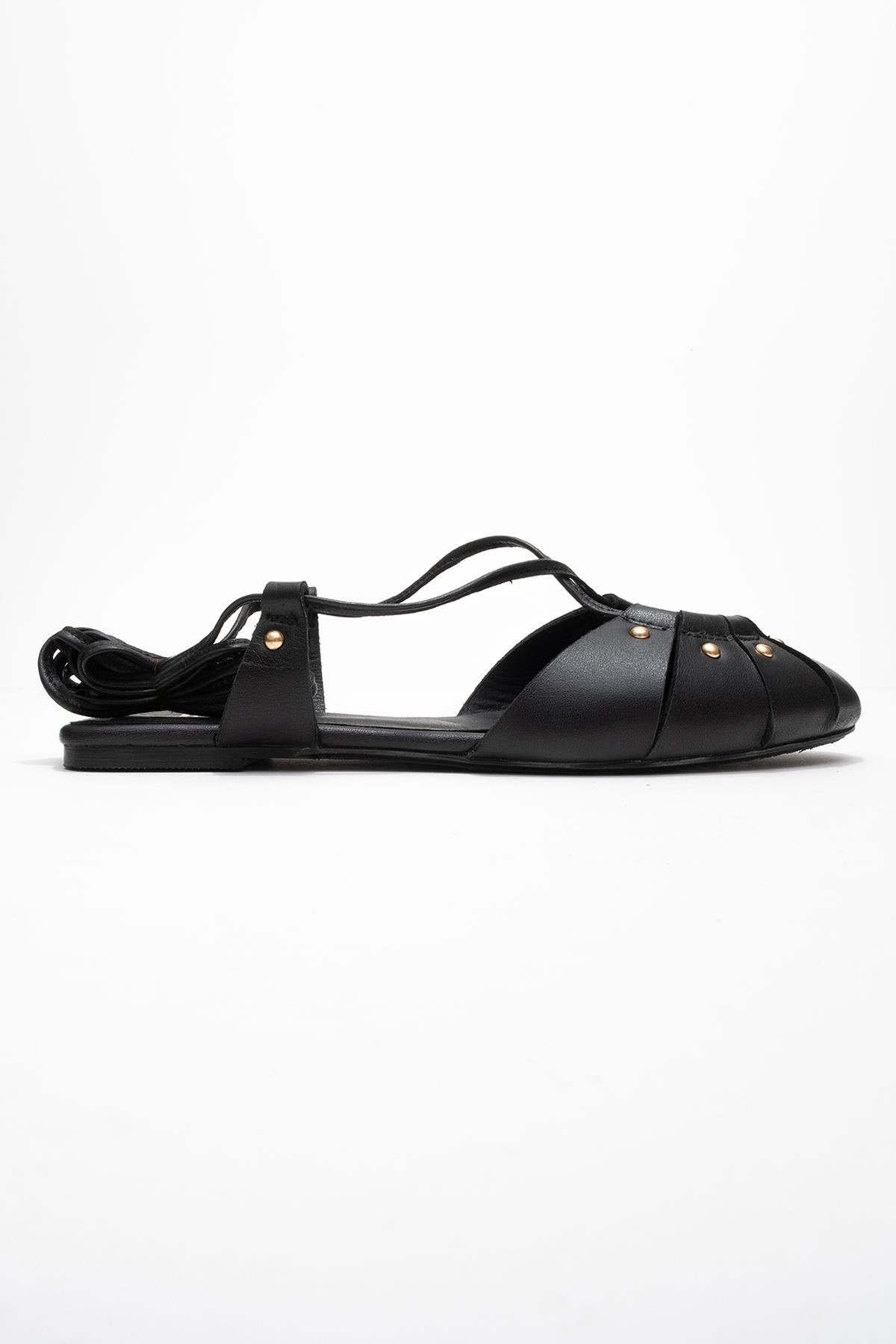 Daria - Black Genuine Leather Studded Ankle-Lace Sandal (Women)
