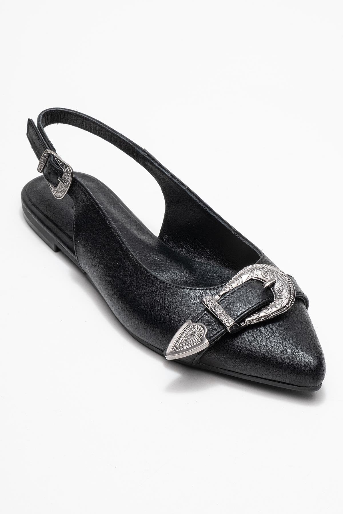 Dorothy - Black Genuine Leather Buckle Pointed Toe Sandal (Women)