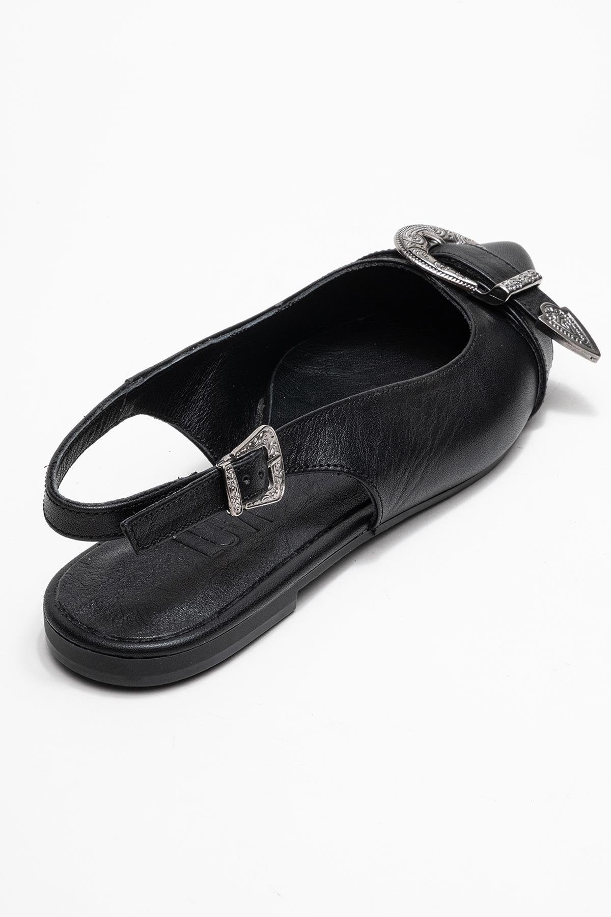 Dorothy - Black Genuine Leather Buckle Pointed Toe Sandal (Women)
