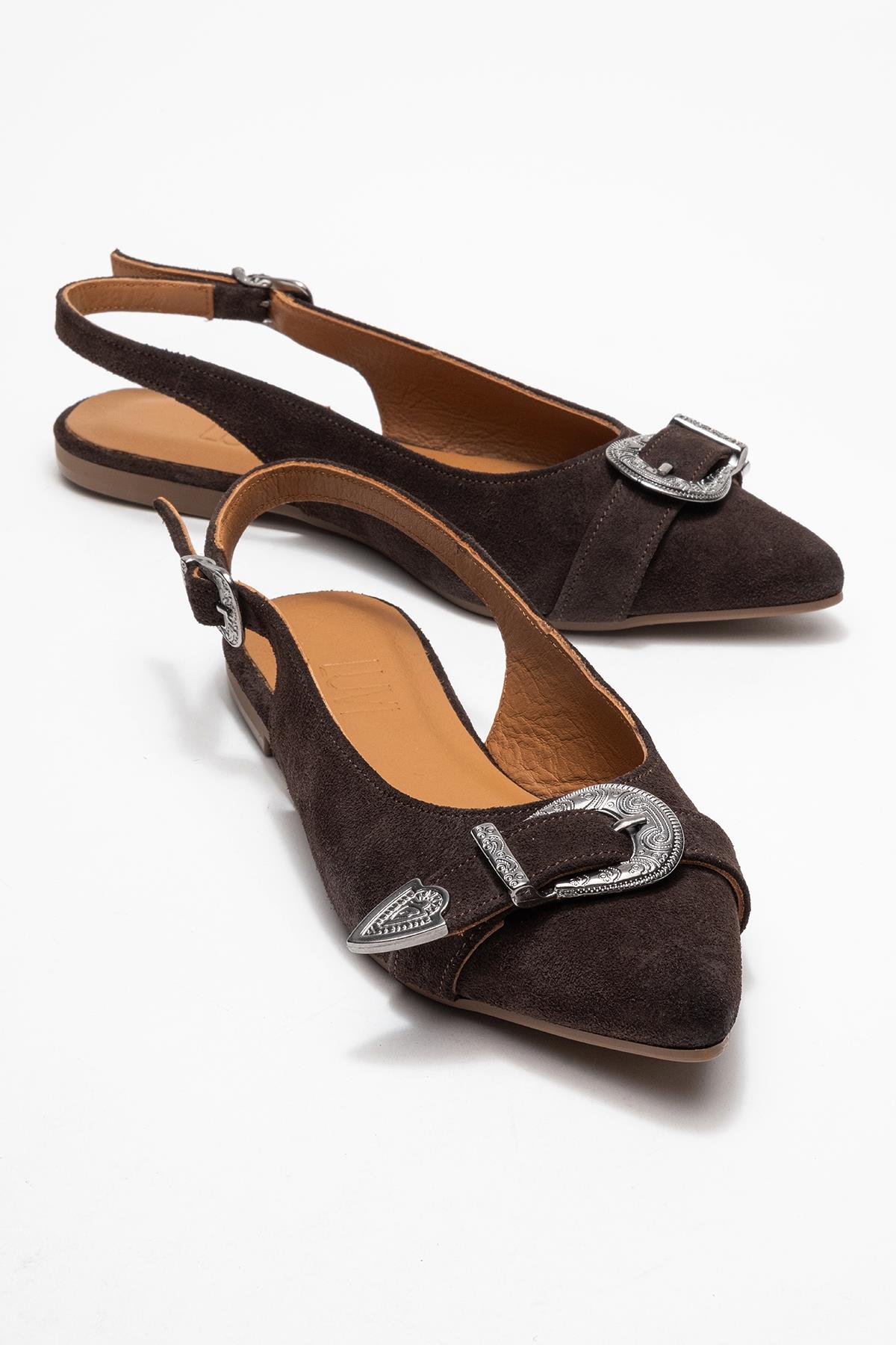 Dorothy - Brown Suede Genuine Leather Buckle Pointed Toe Sandal (Women)