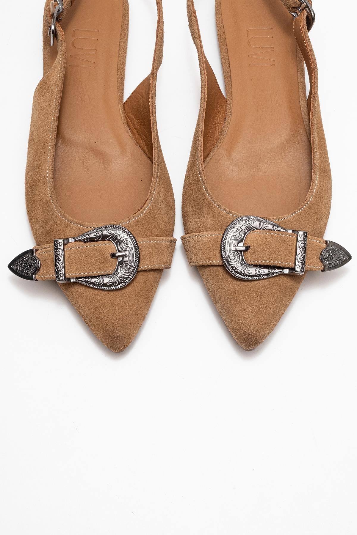 Dorothy - Taupe Suede Genuine Leather Buckle Pointed Toe Sandal (Women)